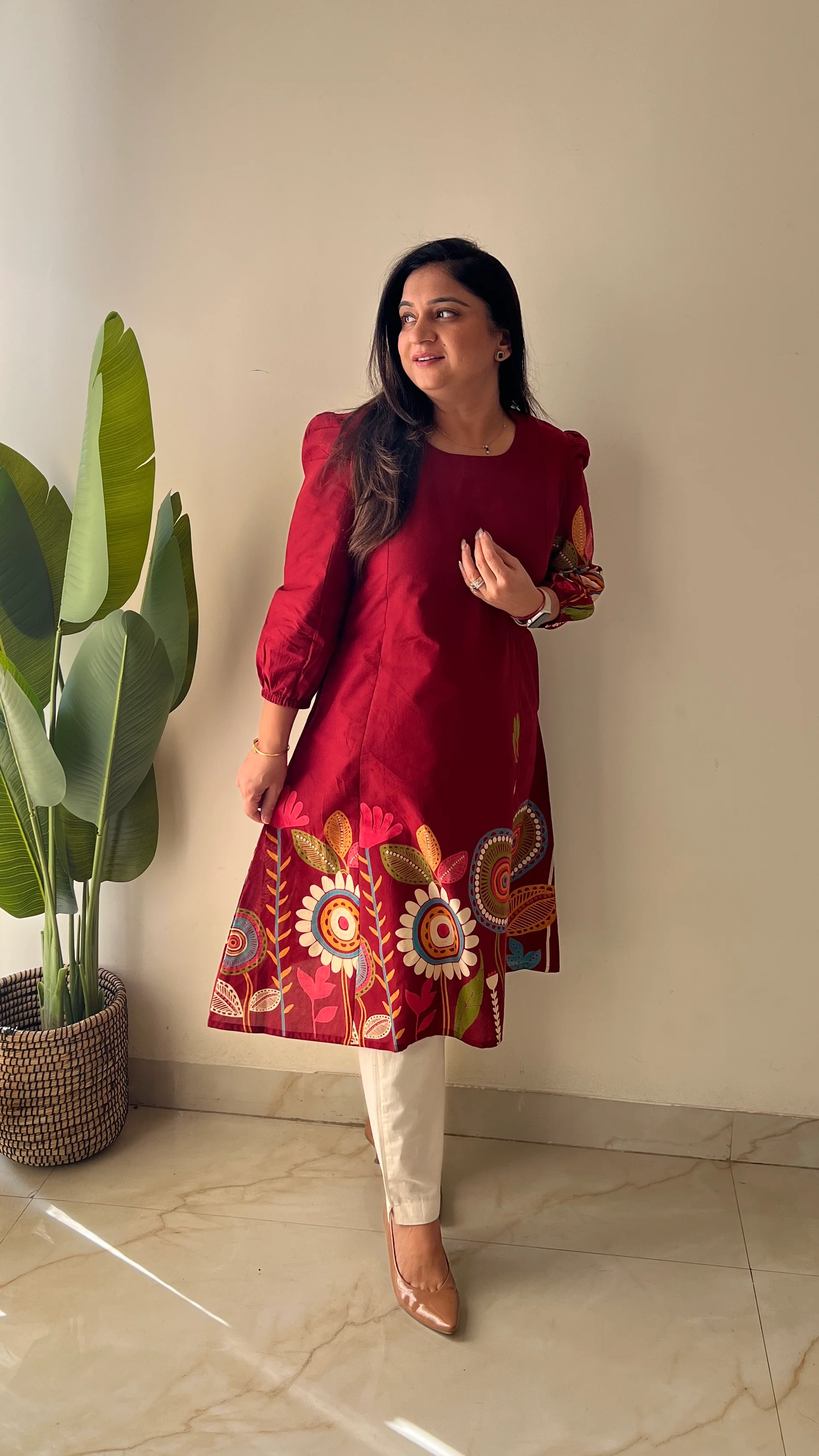 Reva Red Cotton Floral A-line Kurta - Image 4