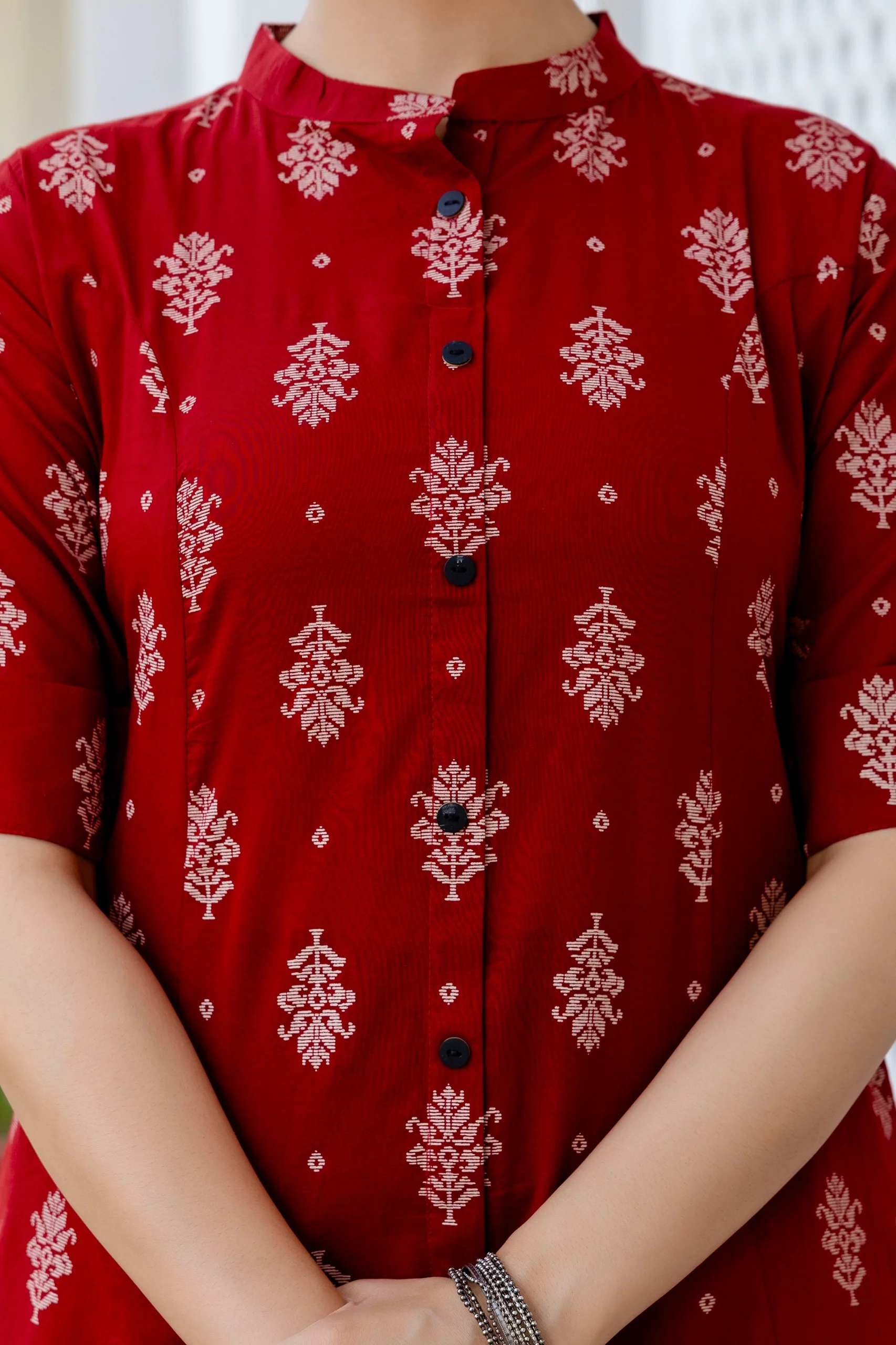 Red Jamdani Cotton A-line Coord Set - Image 8