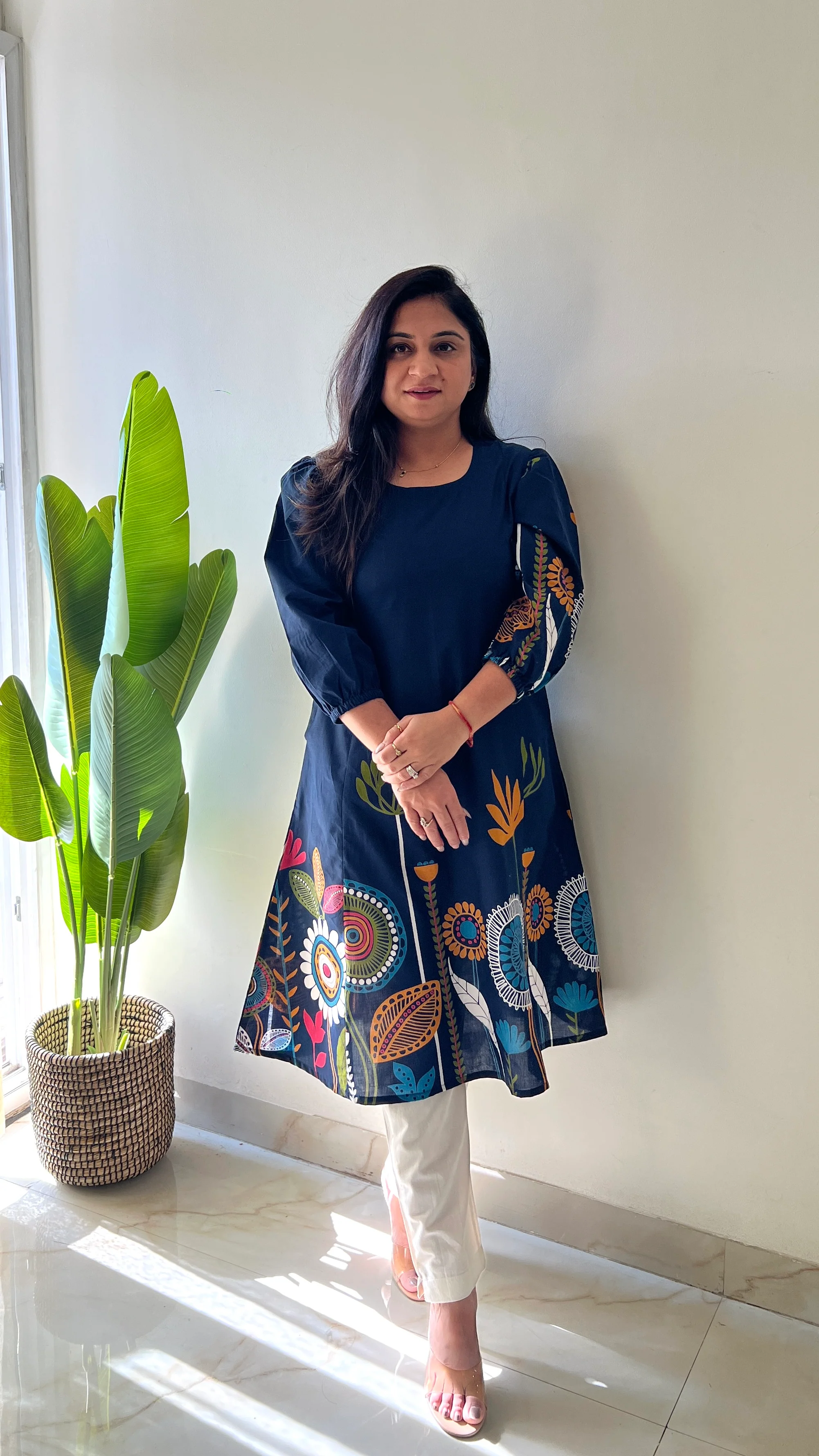 Reva Blue Cotton Floral A-line Kurta - Image 2