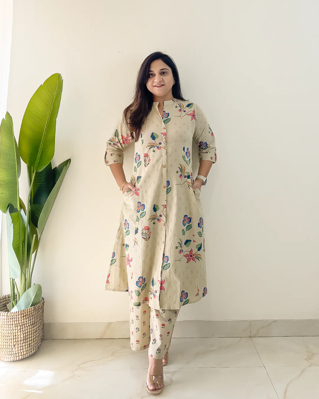 Rosha Beige Floral A-line Cotton Coord Set - Image 3