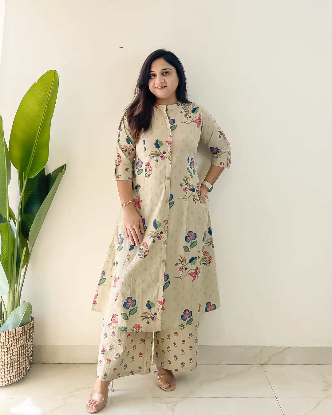 Rosha Beige Floral A-line Cotton Coord Set - Image 4