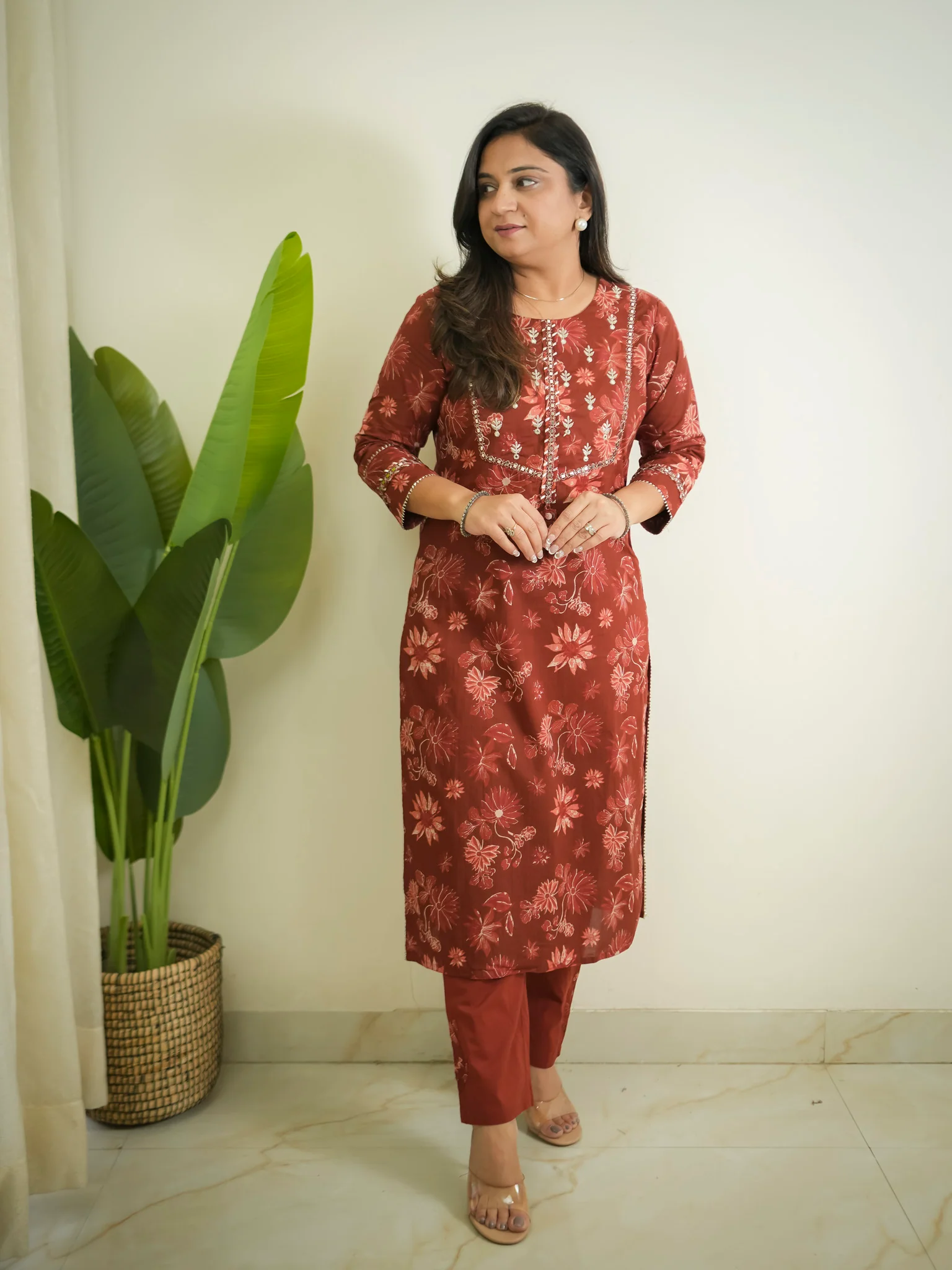 Latika Rust Cotton Applique Embroidered Casual Pant Set - Image 2
