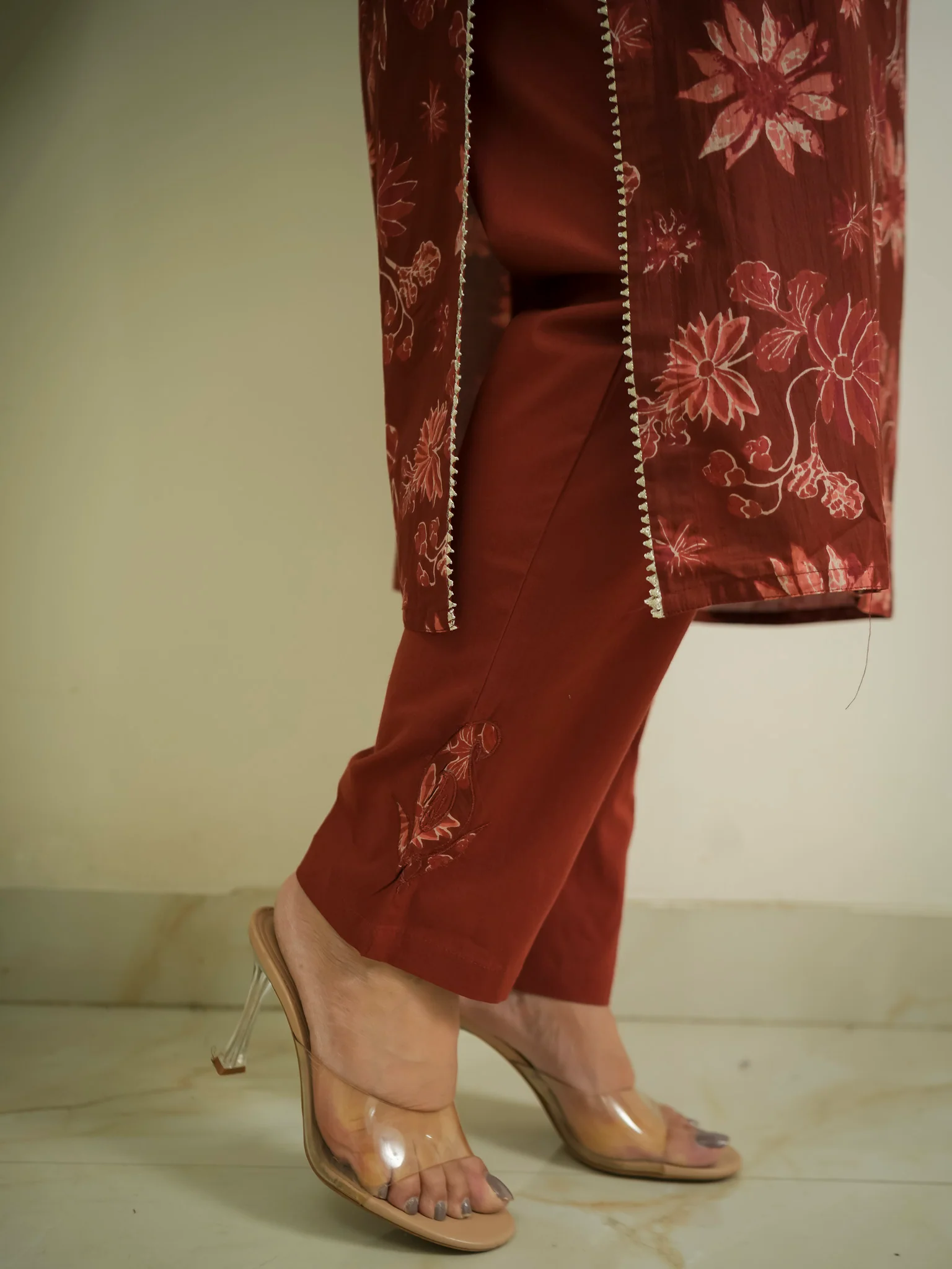 Latika Rust Cotton Applique Embroidered Casual Pant Set - Image 8