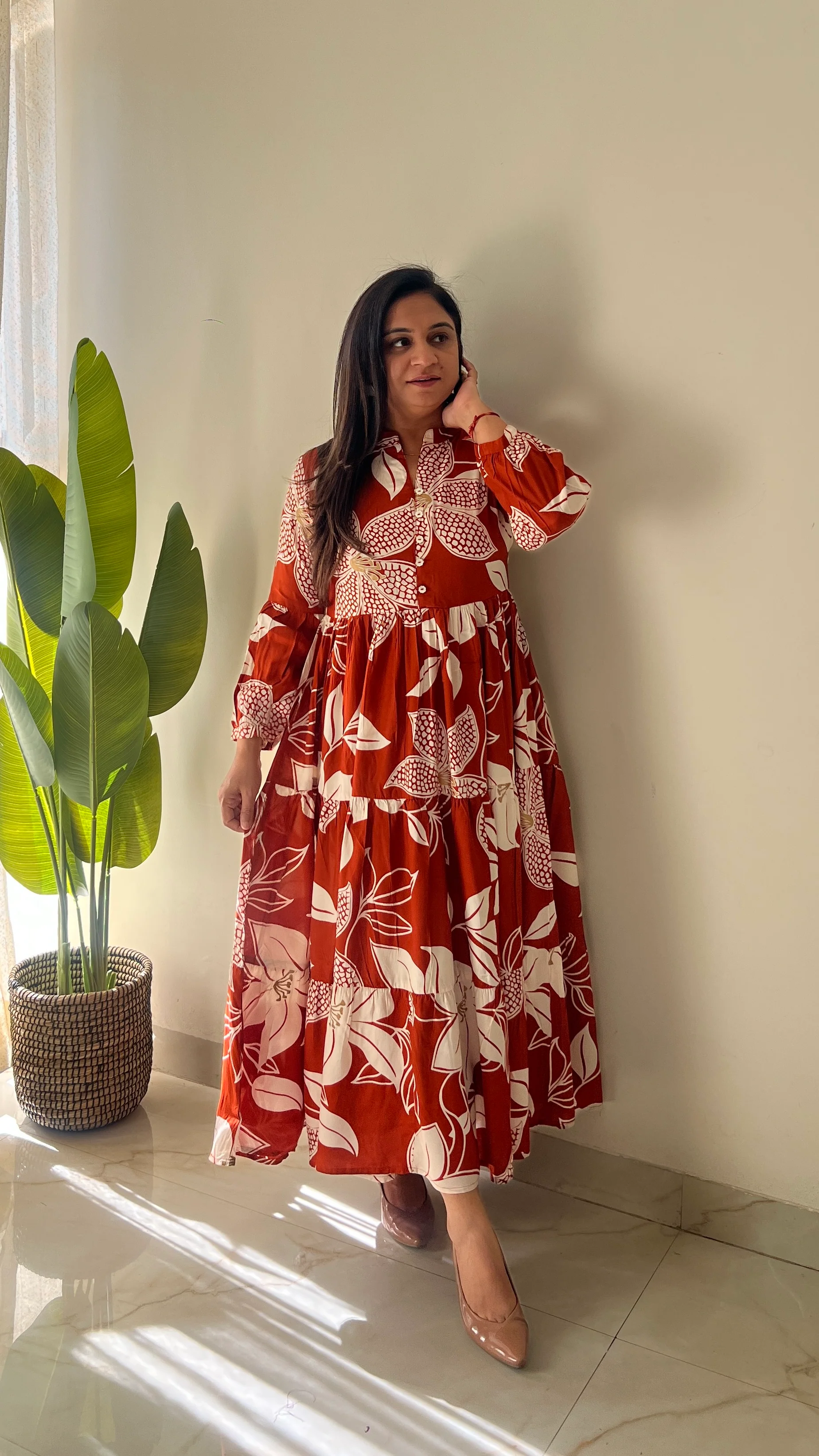 Sarfa Rust Crystal Muslin Casual Long Dress - Image 12