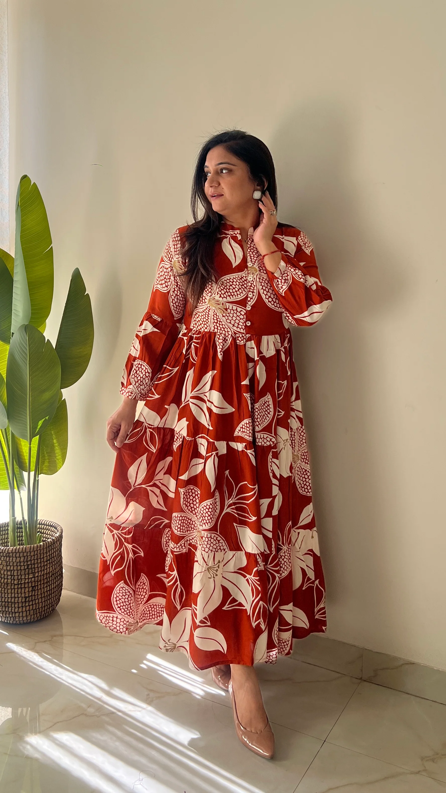 Sarfa Rust Crystal Muslin Casual Long Dress - Image 3