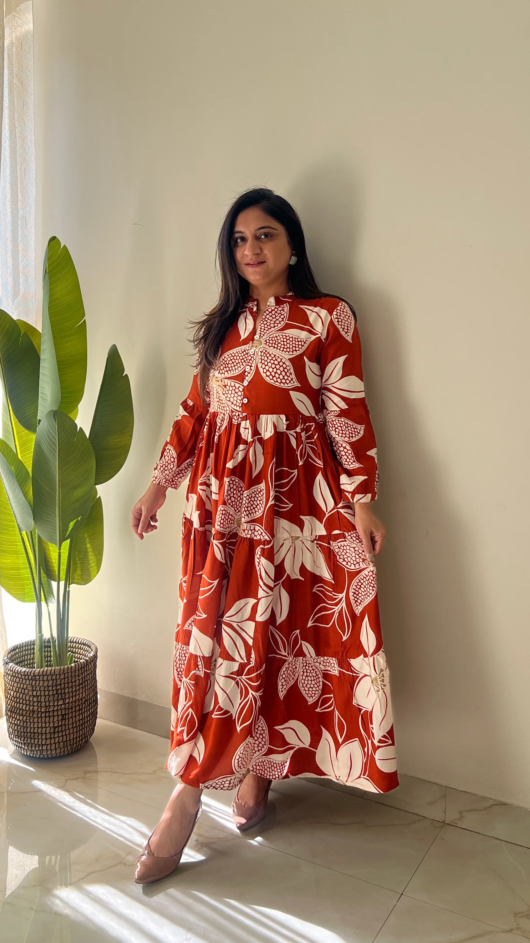 Sarfa Rust Crystal Muslin Casual Long Dress - Image 4