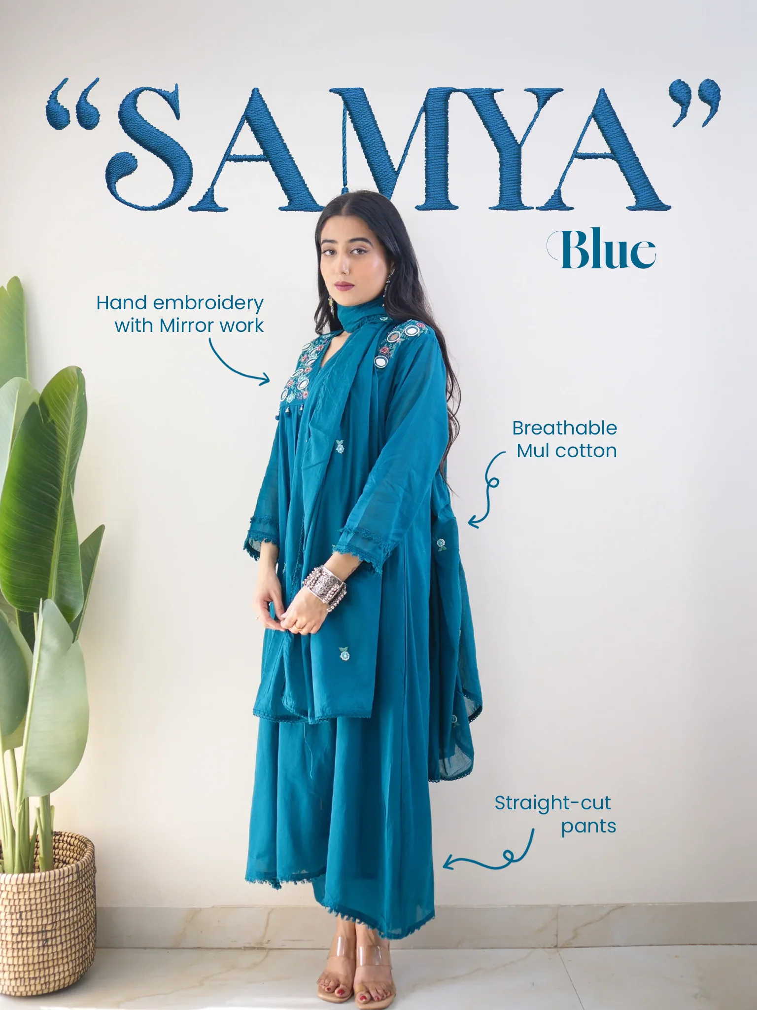 Samya Blue MulCotton HandEmbroidered A-line Pant Set