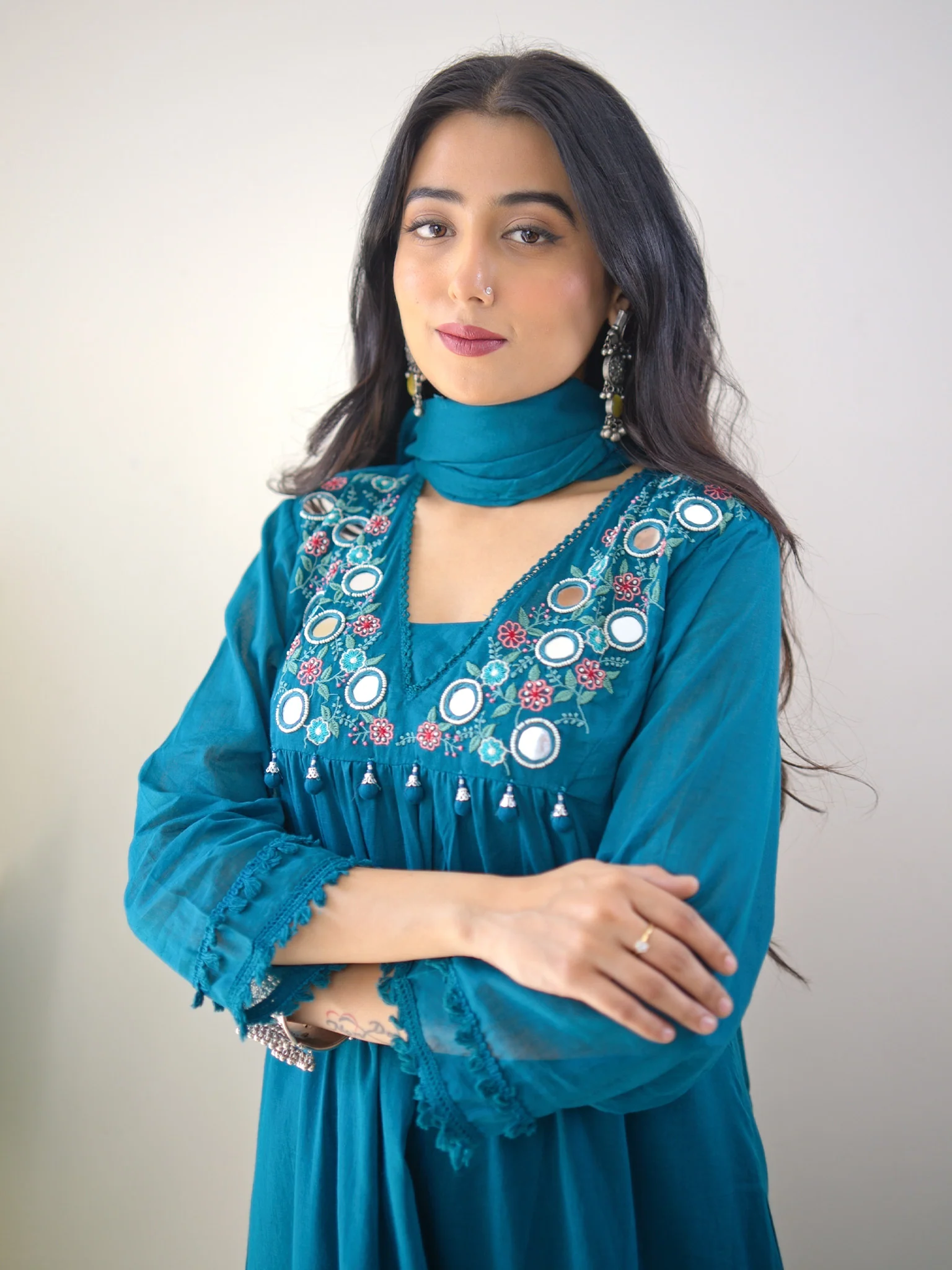 Samya Blue MulCotton HandEmbroidered A-line Pant Set - Image 10