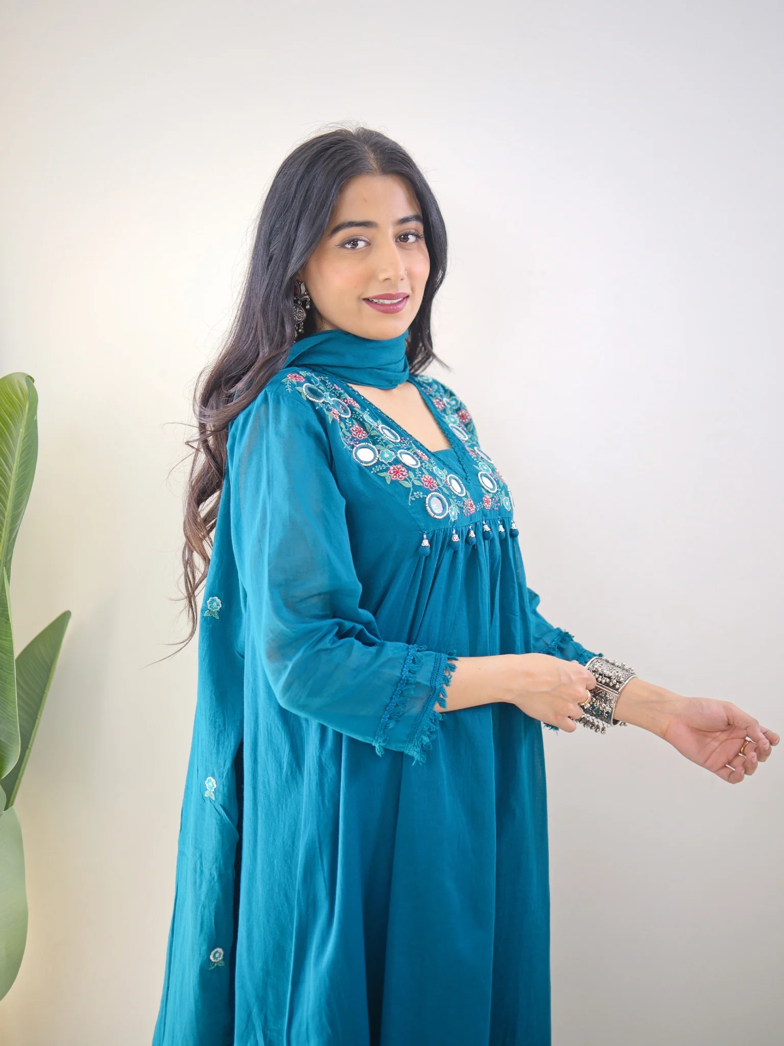 Samya Blue MulCotton HandEmbroidered A-line Pant Set - Image 11