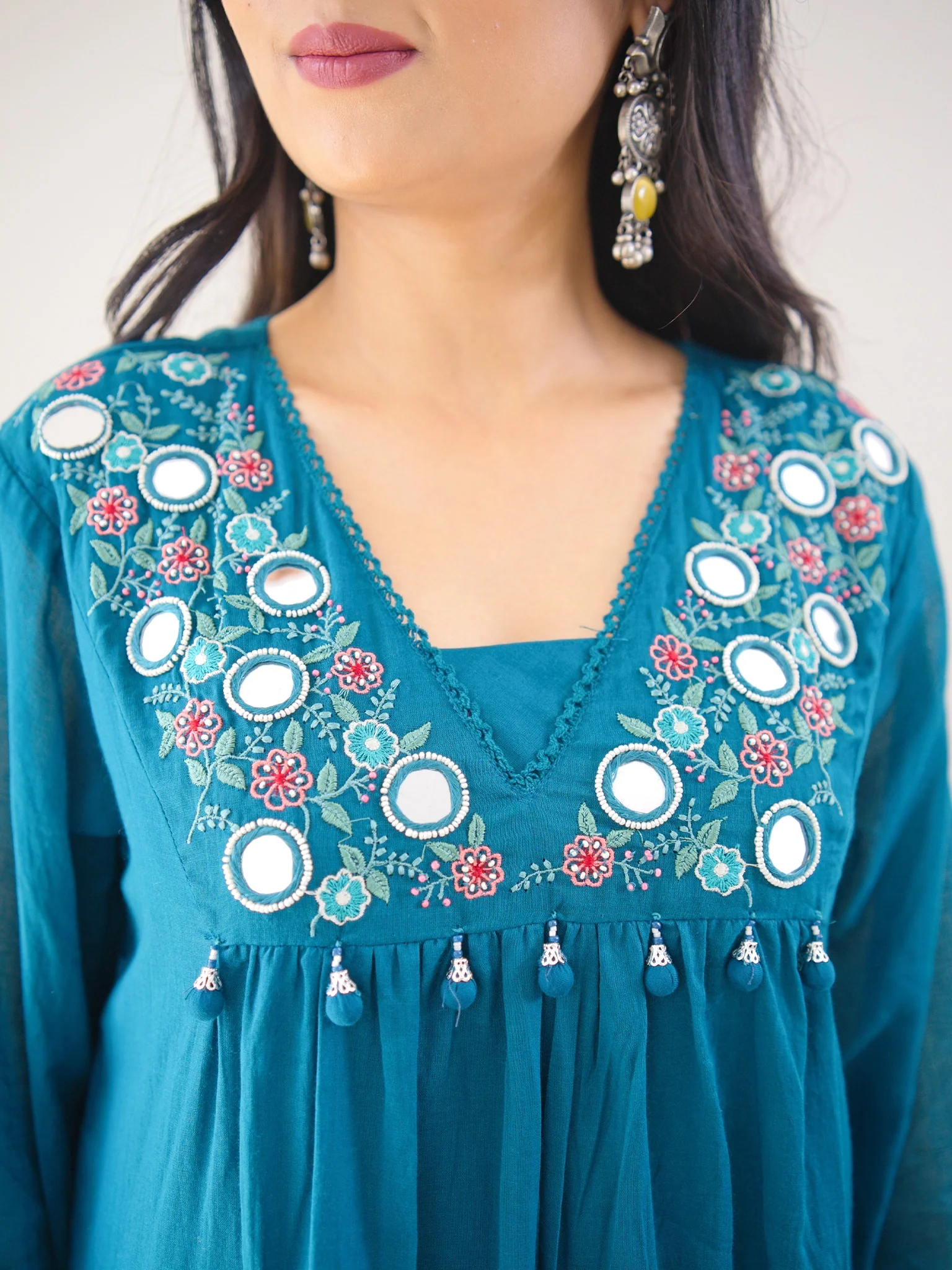 Samya Blue MulCotton HandEmbroidered A-line Pant Set - Image 12