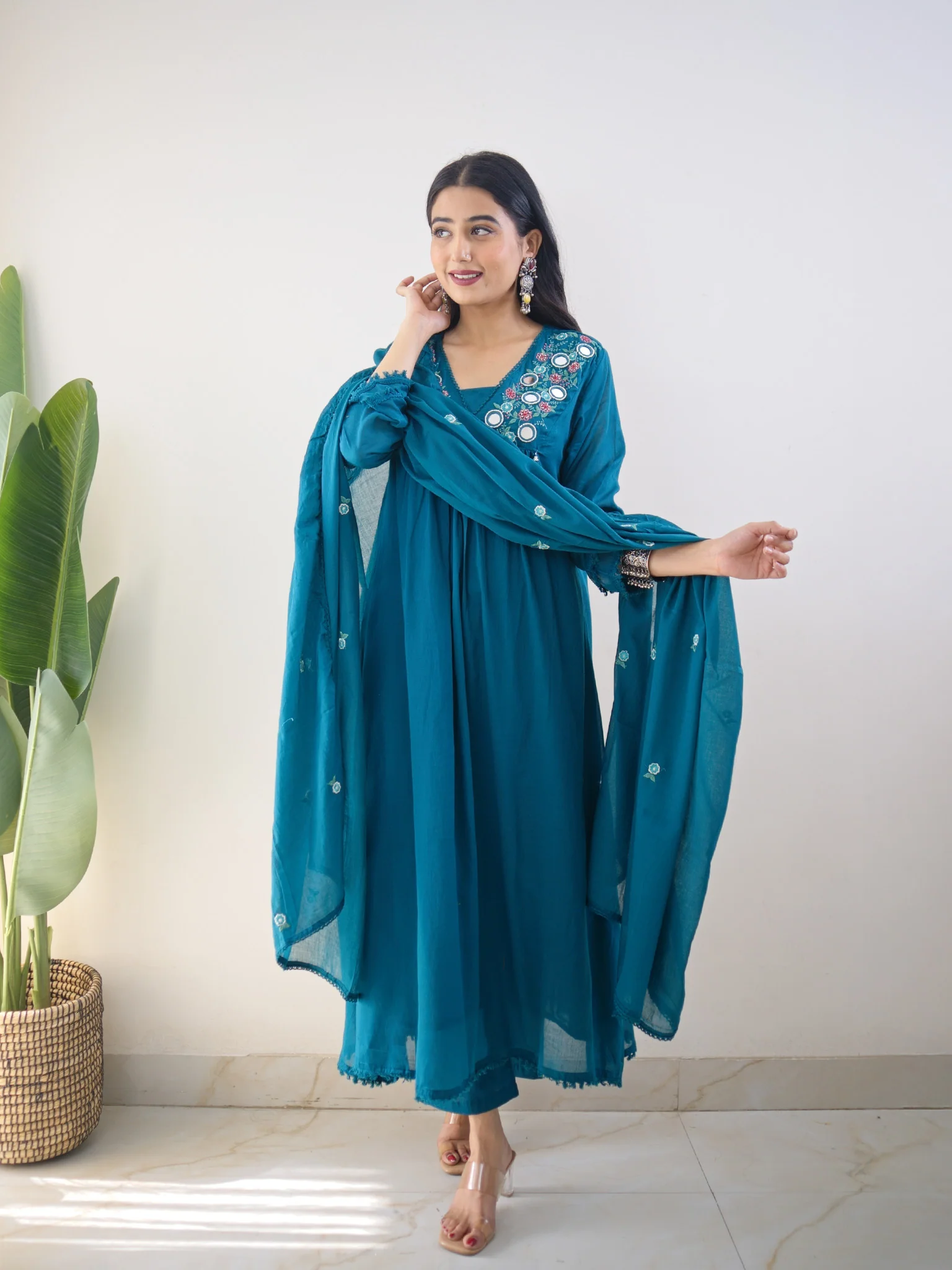 Samya Blue MulCotton HandEmbroidered A-line Pant Set - Image 3