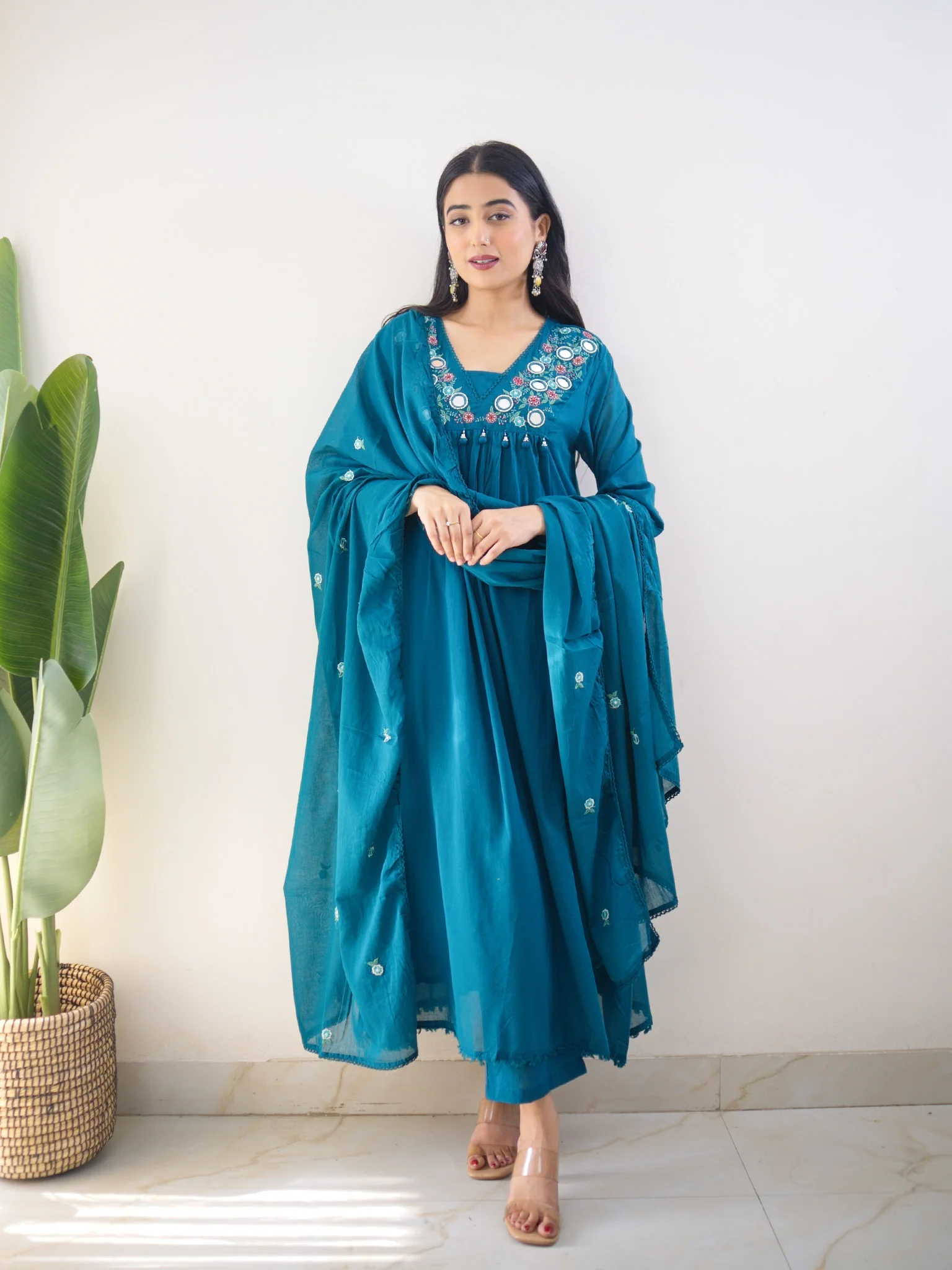 Samya Blue MulCotton HandEmbroidered A-line Pant Set - Image 4