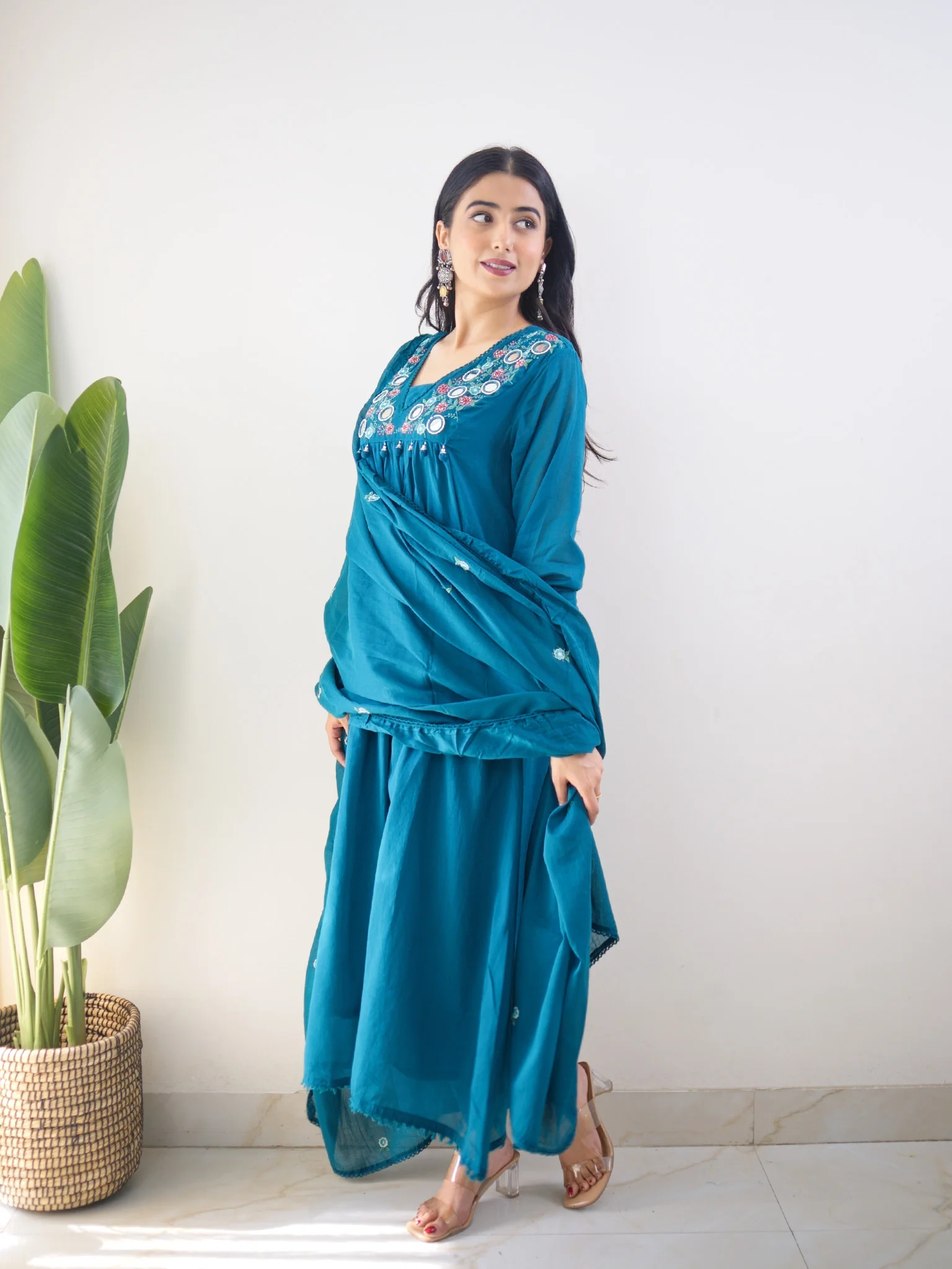 Samya Blue MulCotton HandEmbroidered A-line Pant Set - Image 5