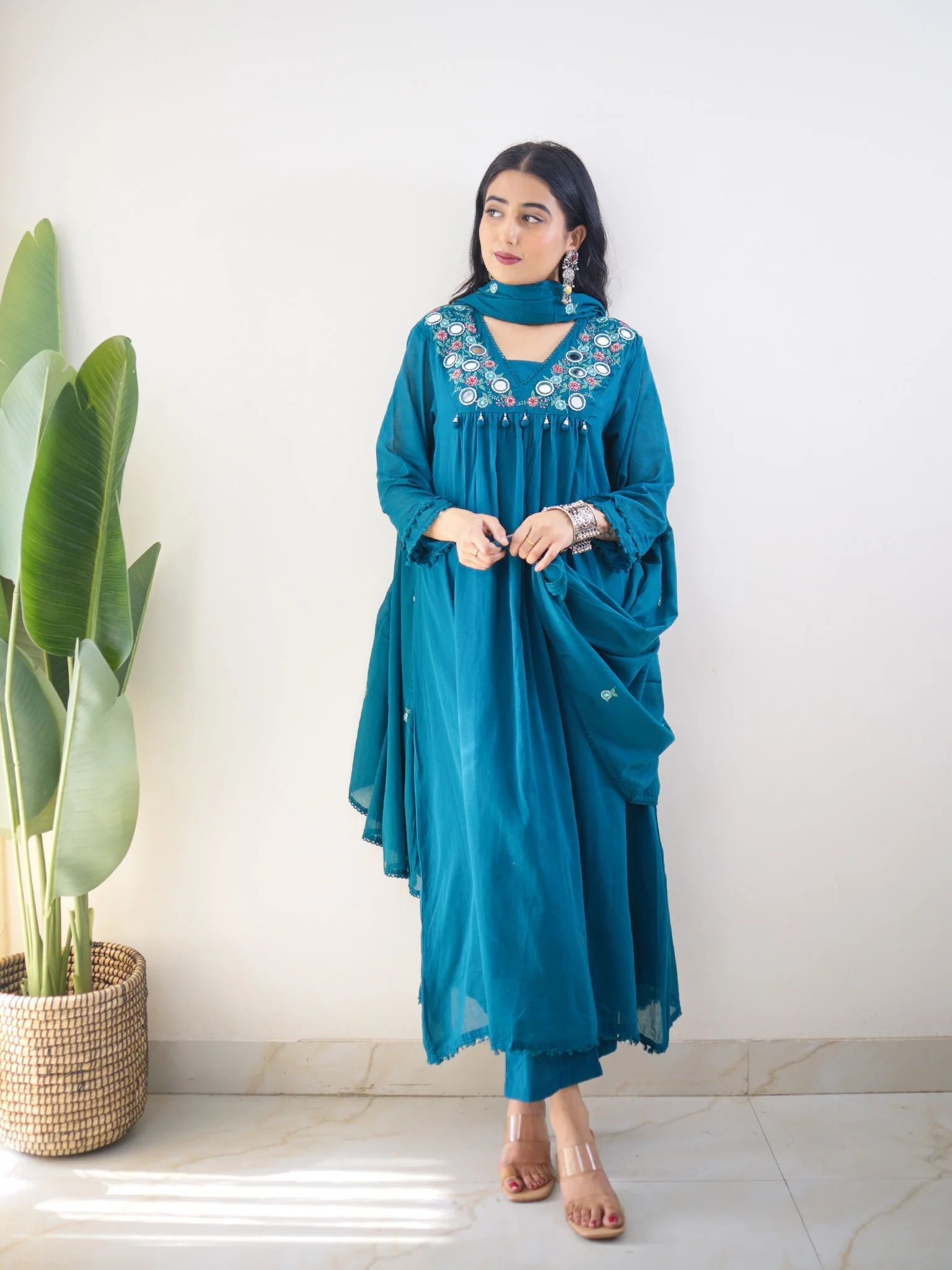 Samya Blue MulCotton HandEmbroidered A-line Pant Set - Image 6