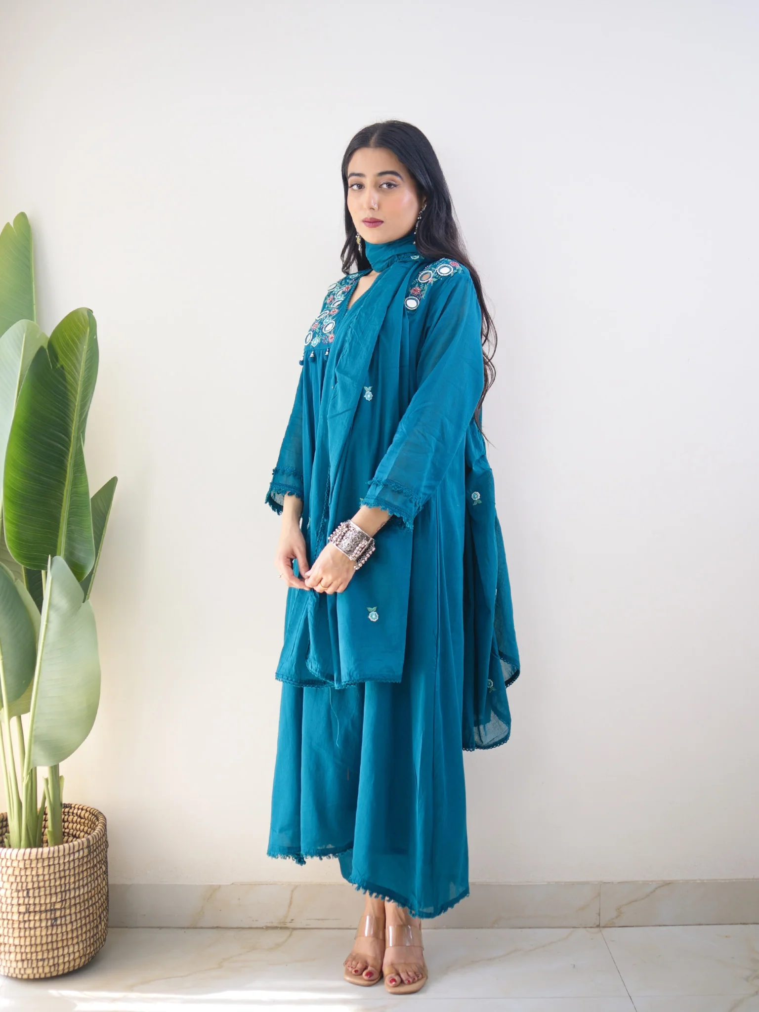Samya Blue MulCotton HandEmbroidered A-line Pant Set - Image 7