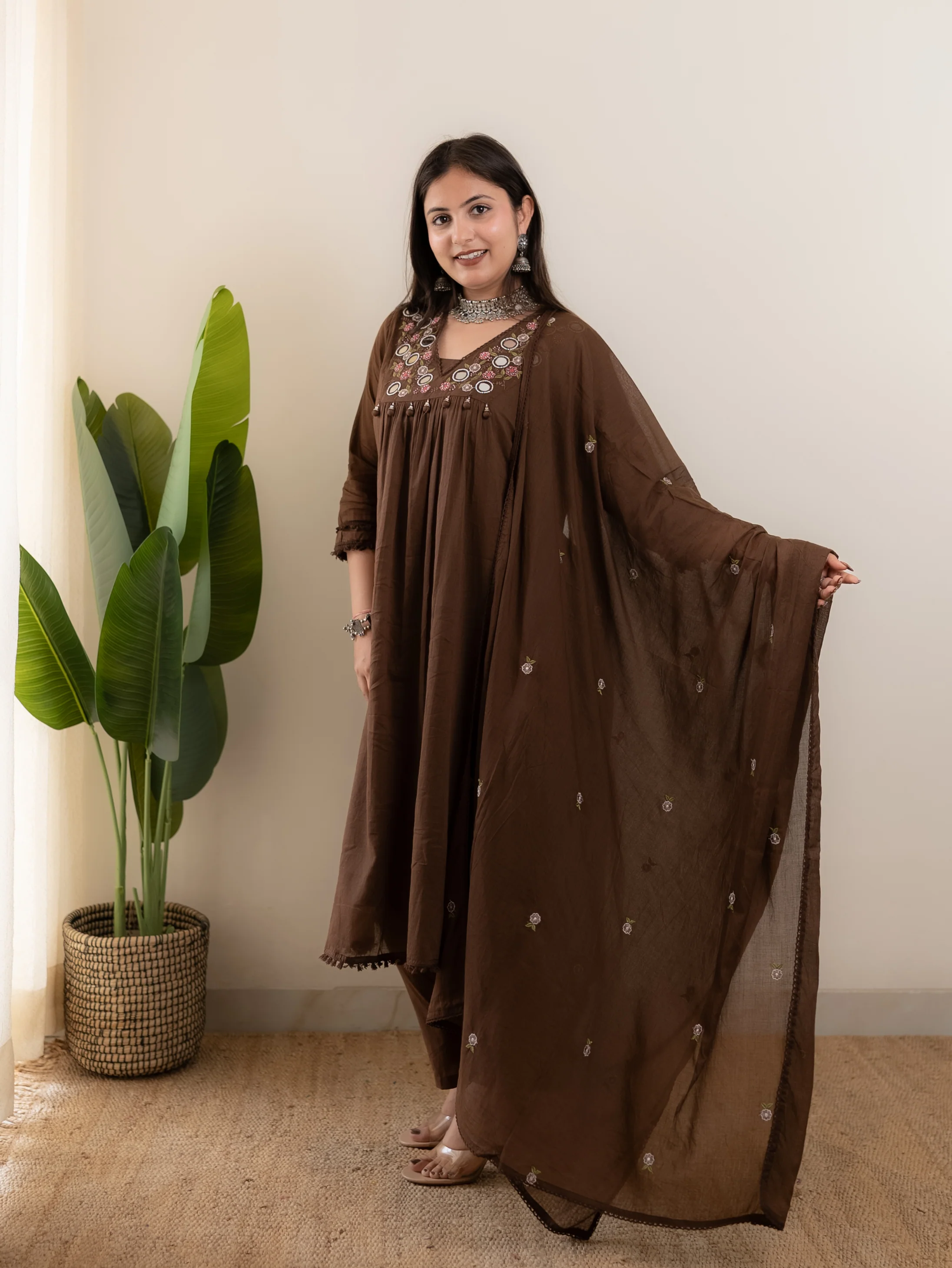 Samya Brown MulCotton HandEmbroidered A-line Pant Set - Image 10