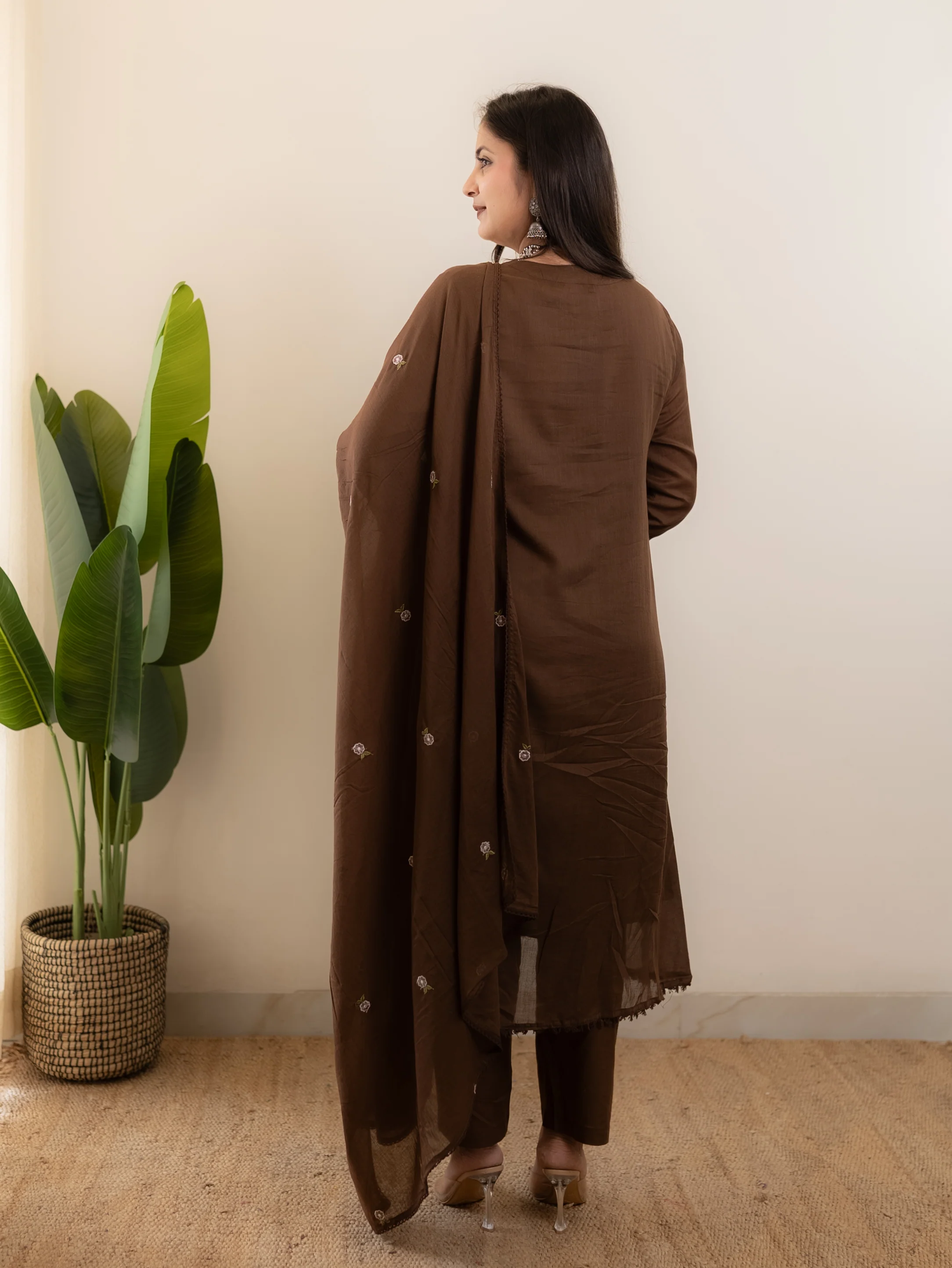 Samya Brown MulCotton HandEmbroidered A-line Pant Set - Image 11