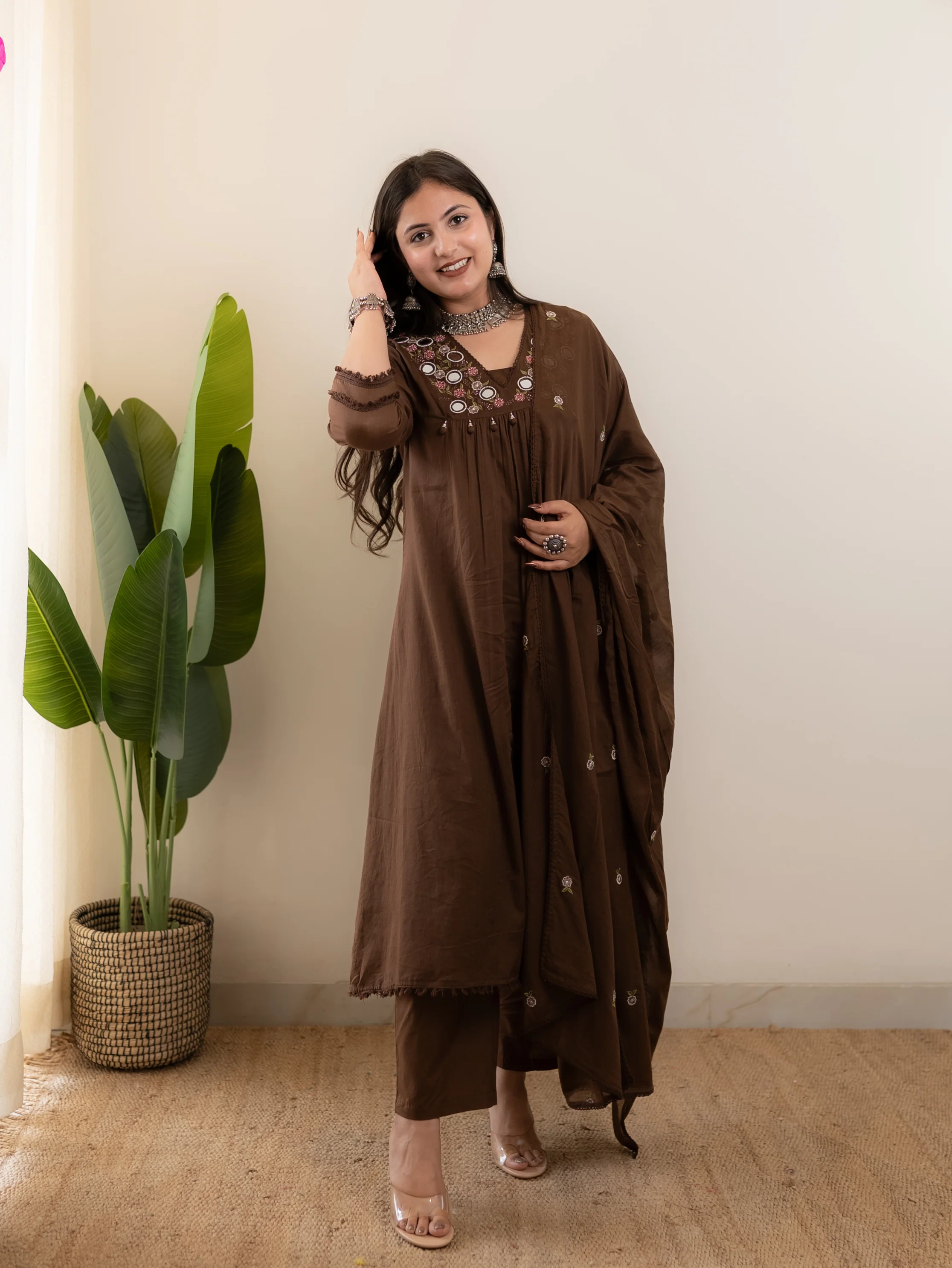Samya Brown MulCotton HandEmbroidered A-line Pant Set - Image 2