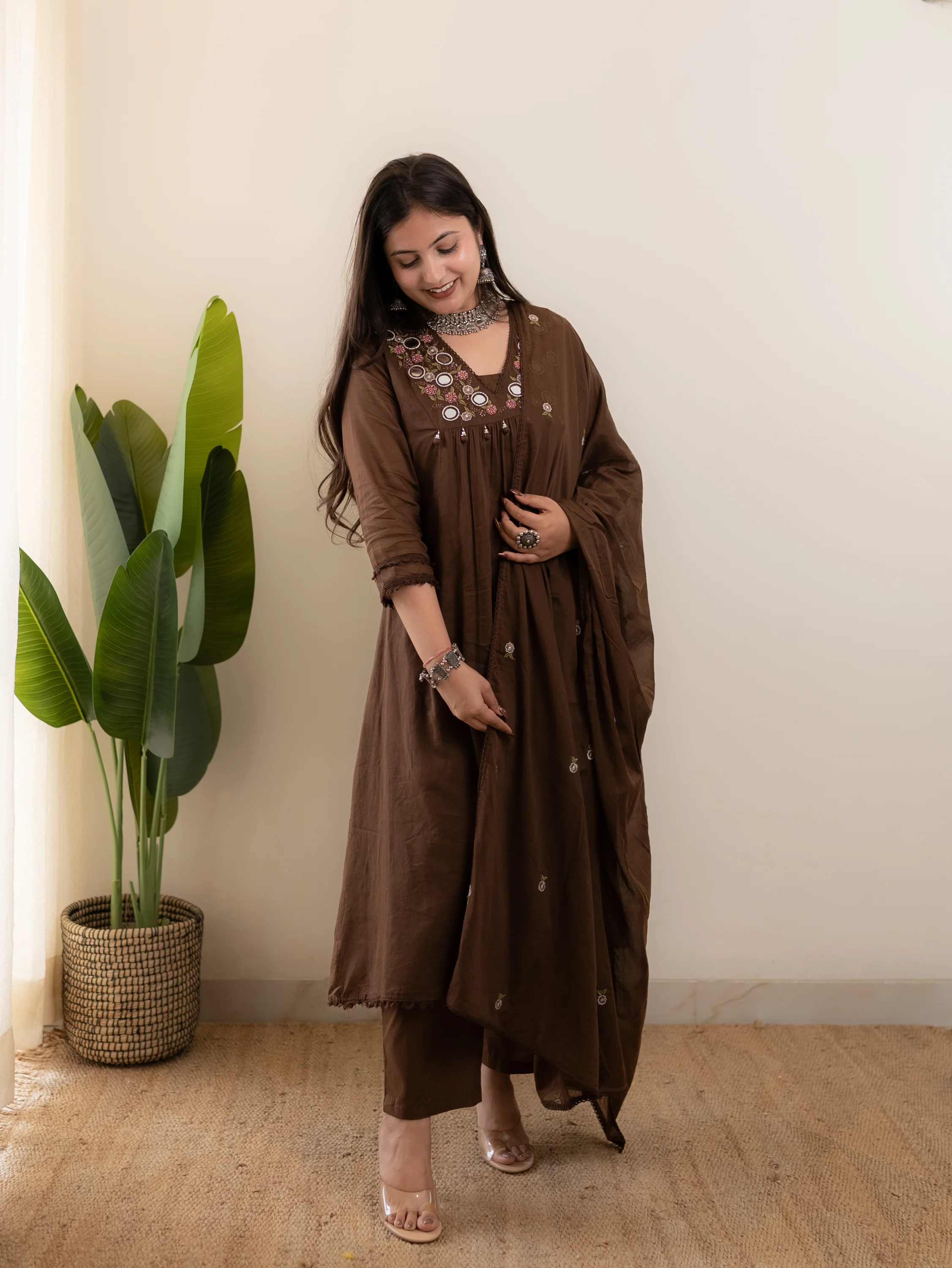 Samya Brown MulCotton HandEmbroidered A-line Pant Set - Image 4