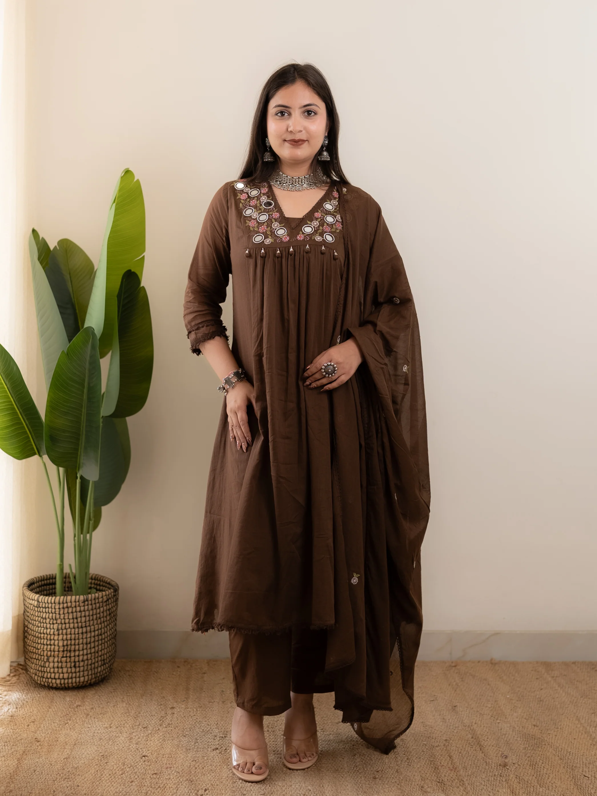 Samya Brown MulCotton HandEmbroidered A-line Pant Set - Image 5