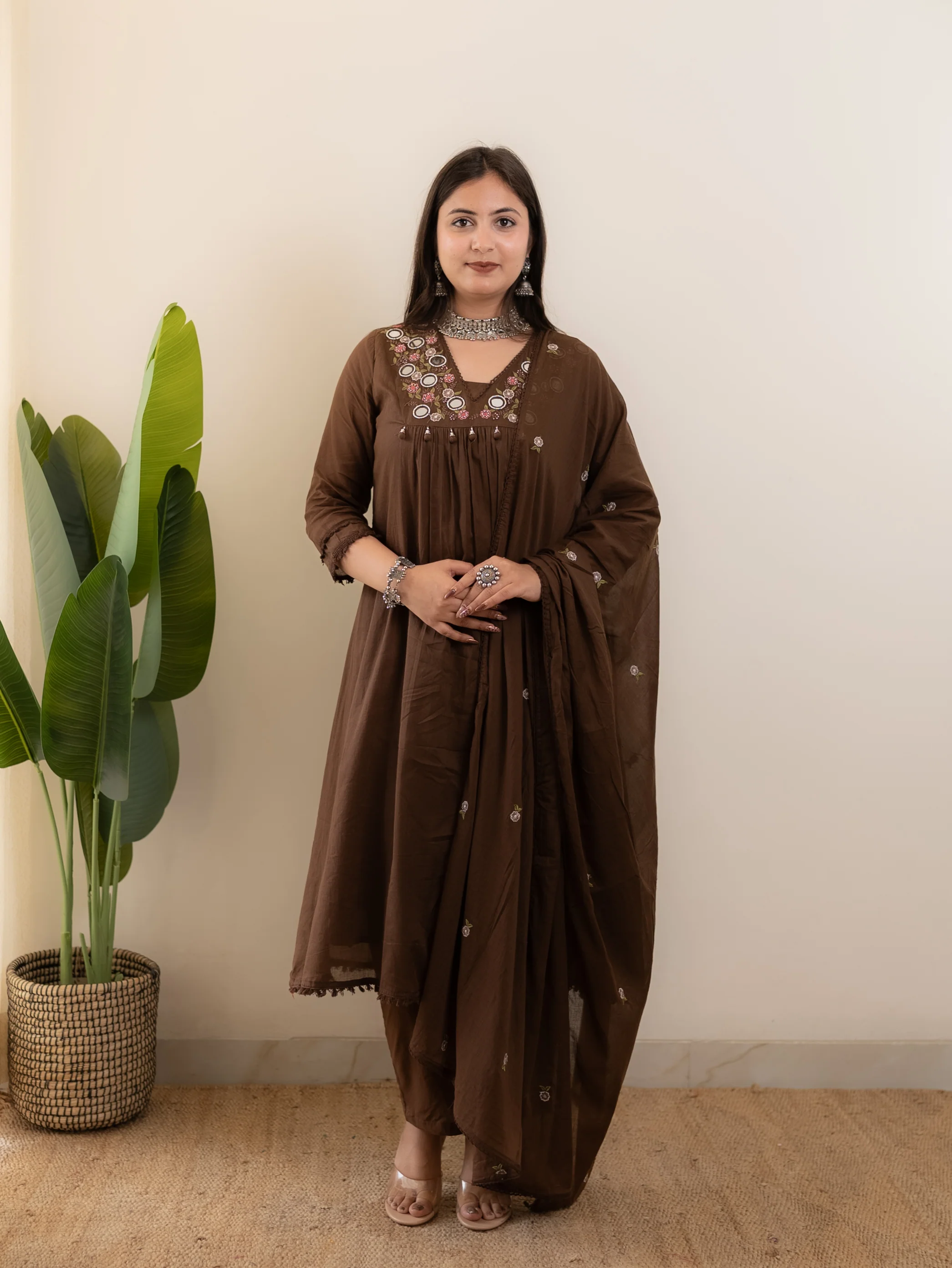 Samya Brown MulCotton HandEmbroidered A-line Pant Set - Image 6