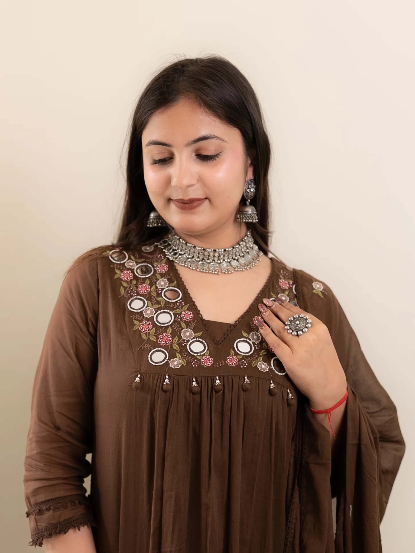 Samya Brown MulCotton HandEmbroidered A-line Pant Set - Image 7
