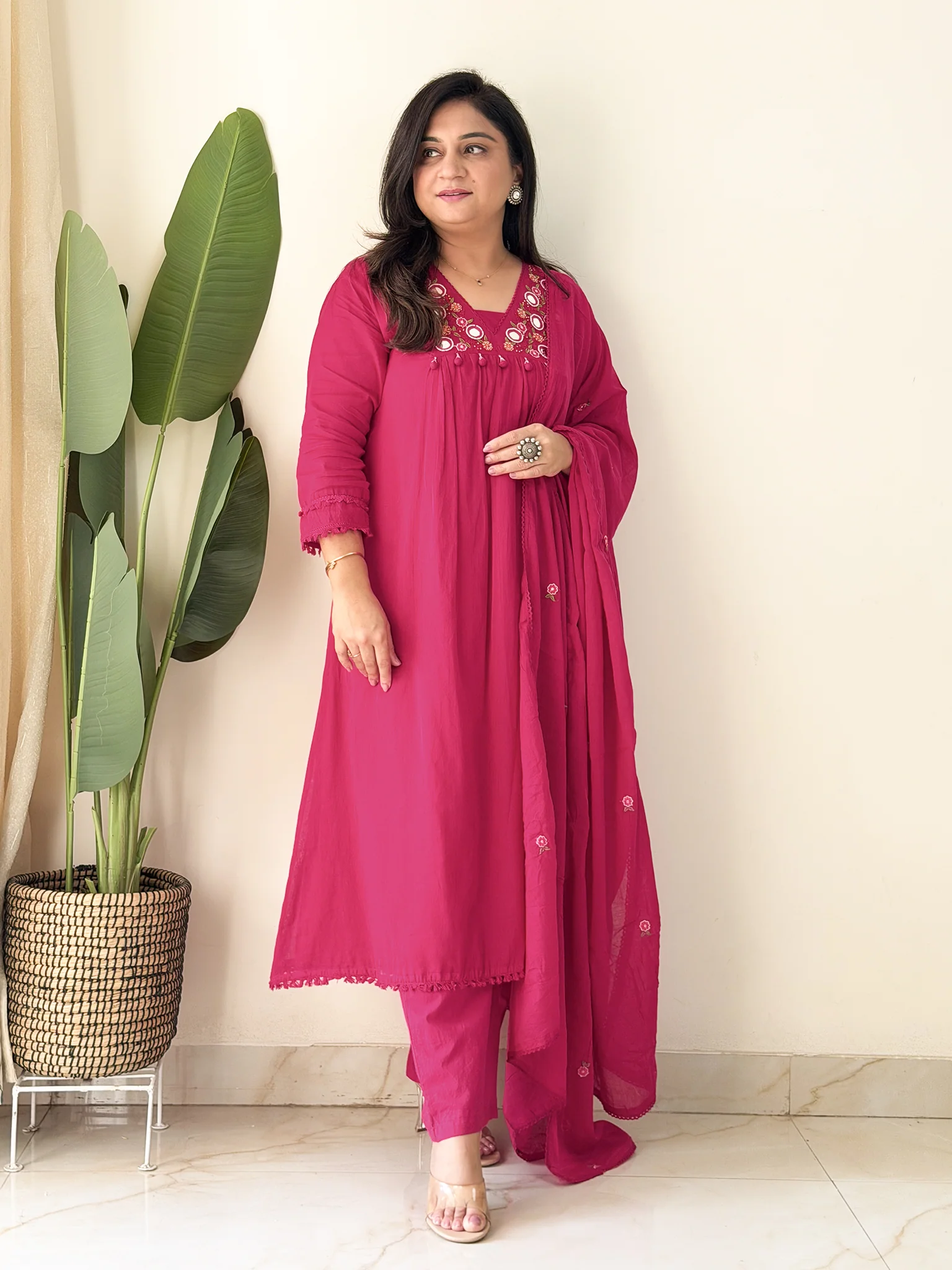 Samya Pink MulCotton HandEmbroidered A-line Pant Set - Image 10