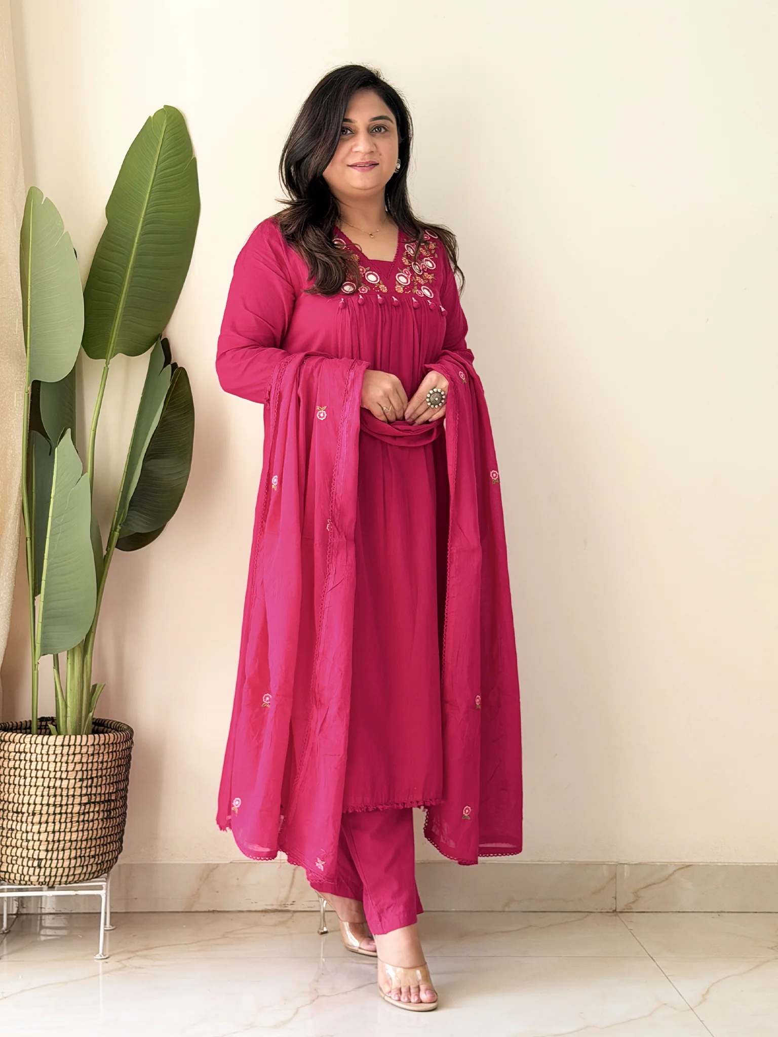Samya Pink MulCotton HandEmbroidered A-line Pant Set - Image 3