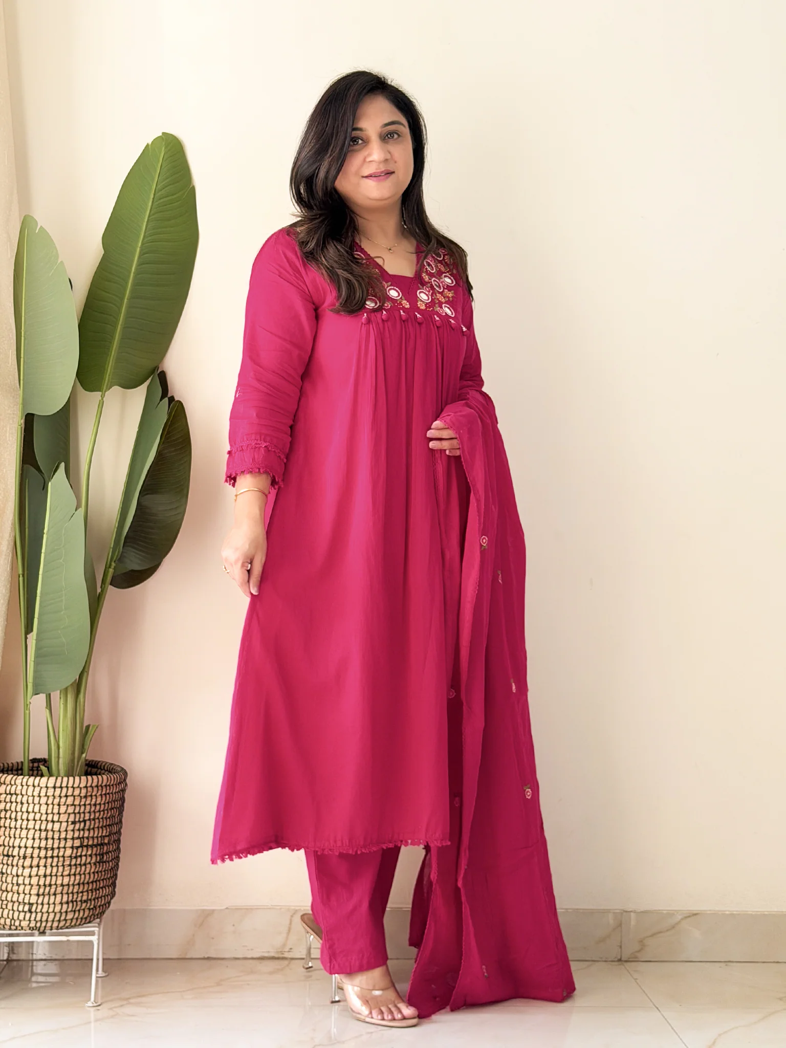 Samya Pink MulCotton HandEmbroidered A-line Pant Set - Image 4