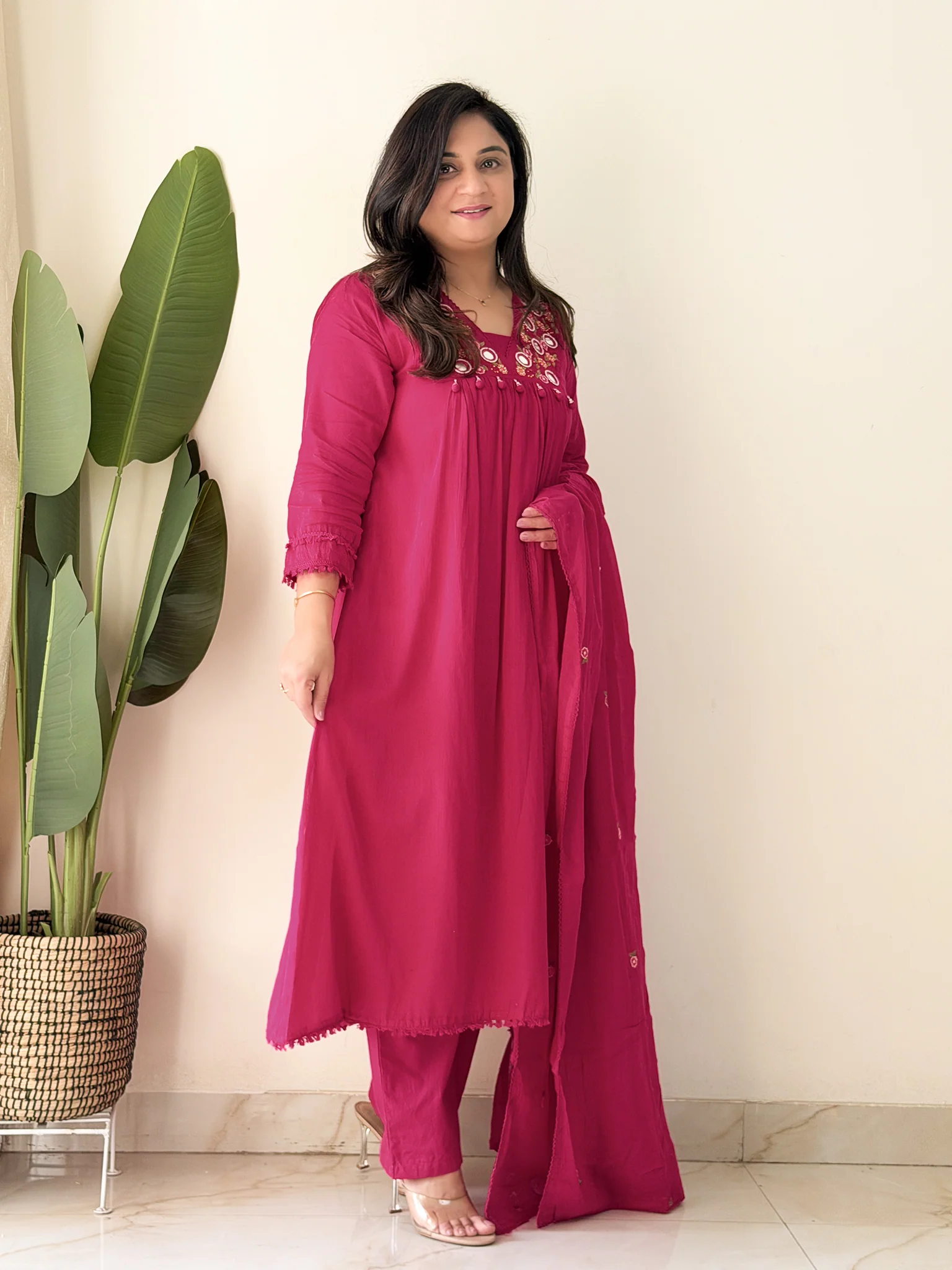 Samya Pink MulCotton HandEmbroidered A-line Pant Set - Image 5