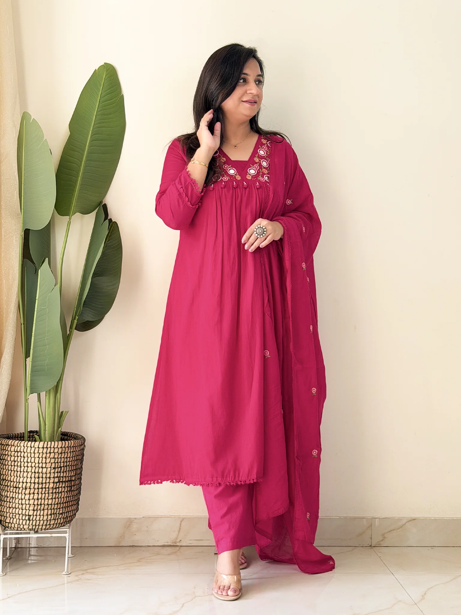 Samya Pink MulCotton HandEmbroidered A-line Pant Set - Image 6