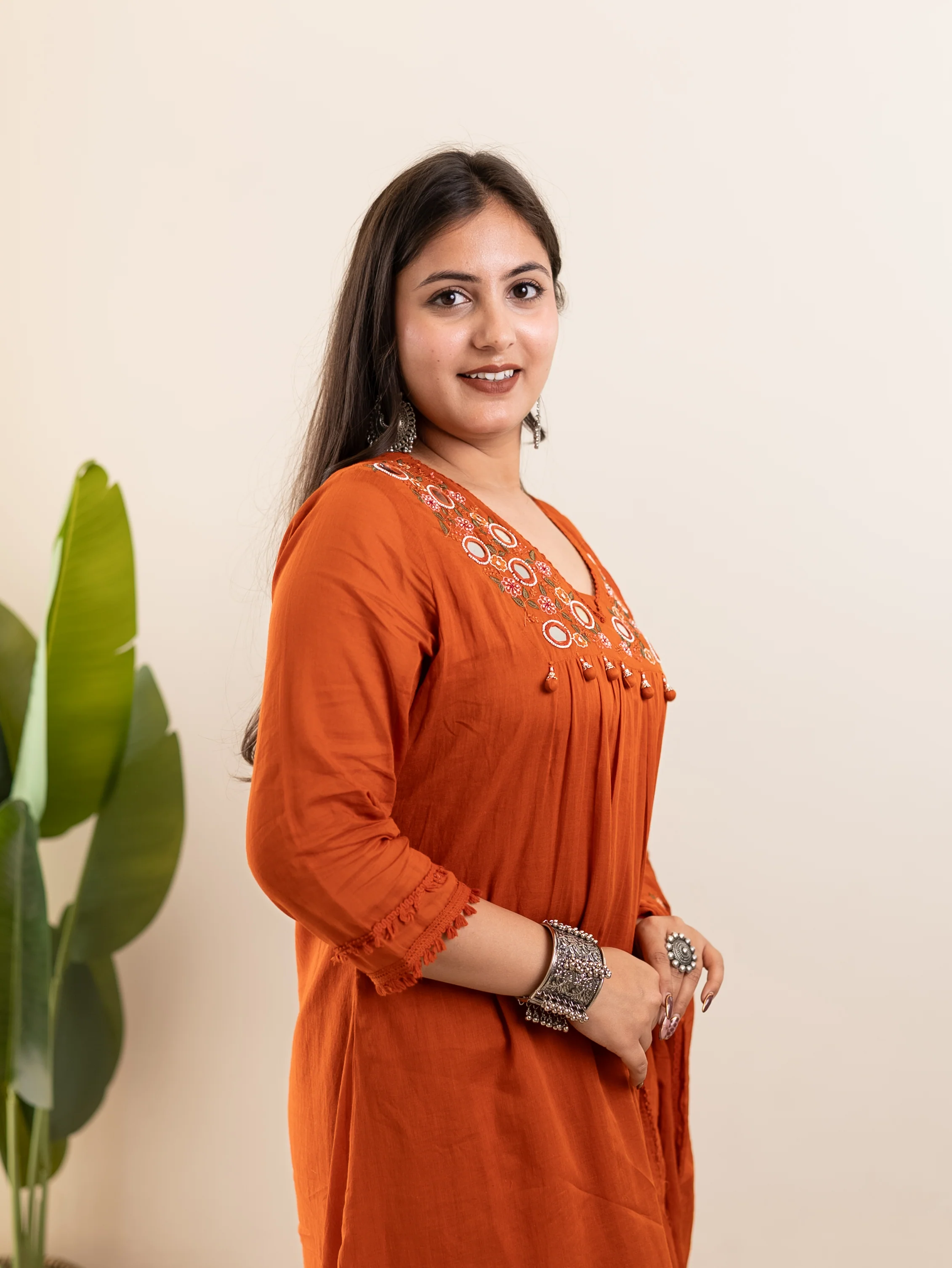 Samya Rust MulCotton HandEmbroidered A-line Pant Set - Image 7