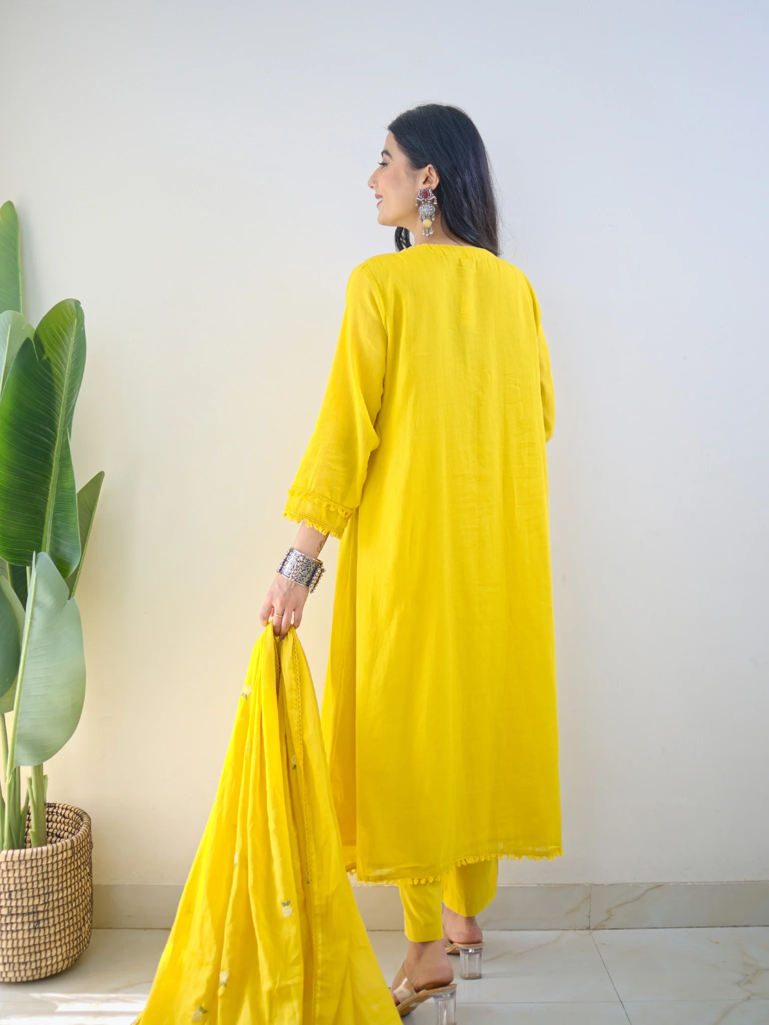 Samya Yellow MulCotton HandEmbroidered A-line Pant Set - Image 12