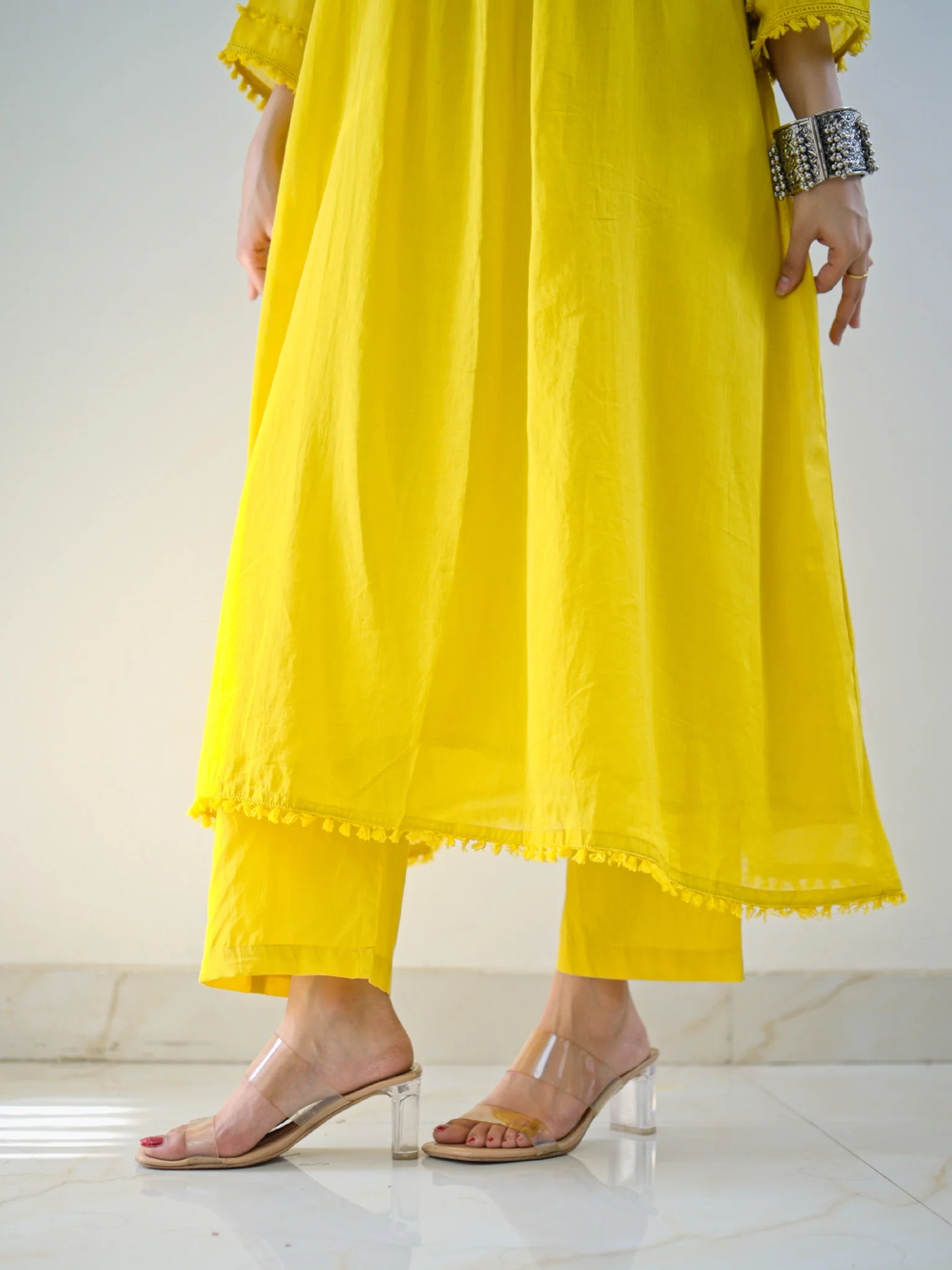 Samya Yellow MulCotton HandEmbroidered A-line Pant Set - Image 13