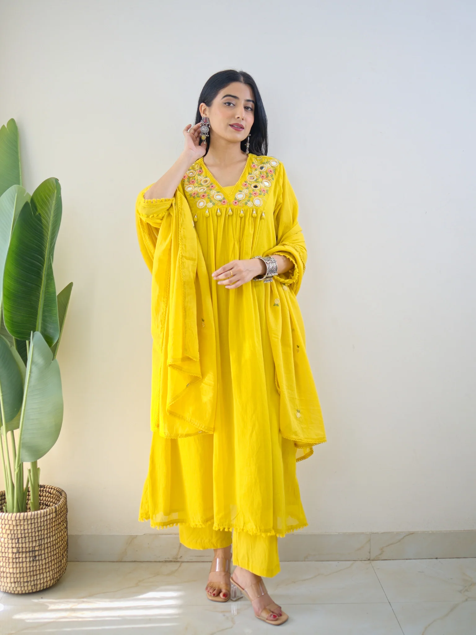 Samya Yellow MulCotton HandEmbroidered A-line Pant Set - Image 2