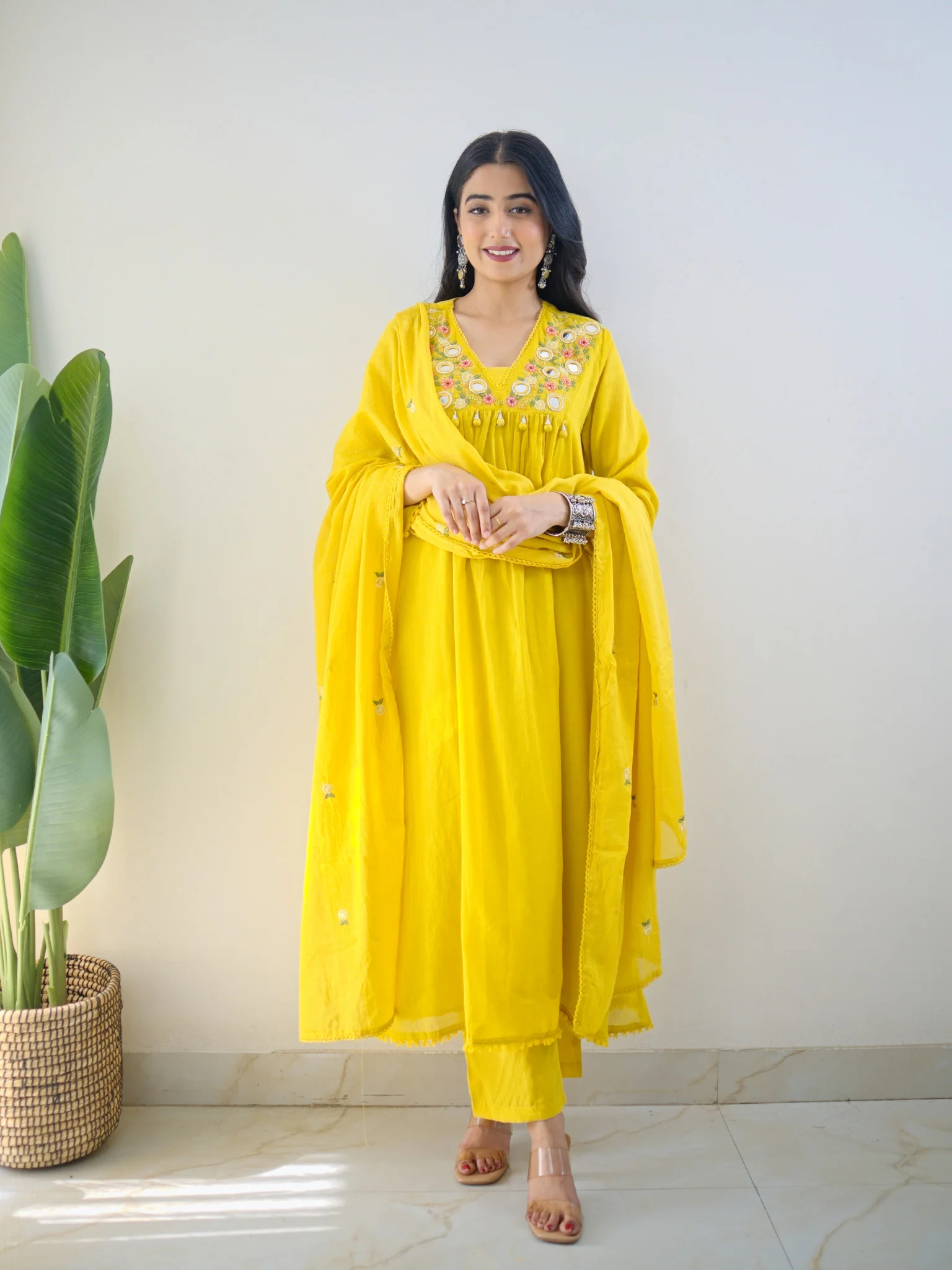 Samya Yellow MulCotton HandEmbroidered A-line Pant Set - Image 3