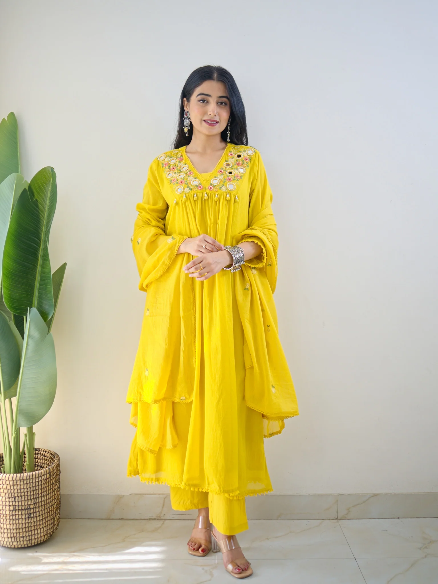 Samya Yellow MulCotton HandEmbroidered A-line Pant Set - Image 4