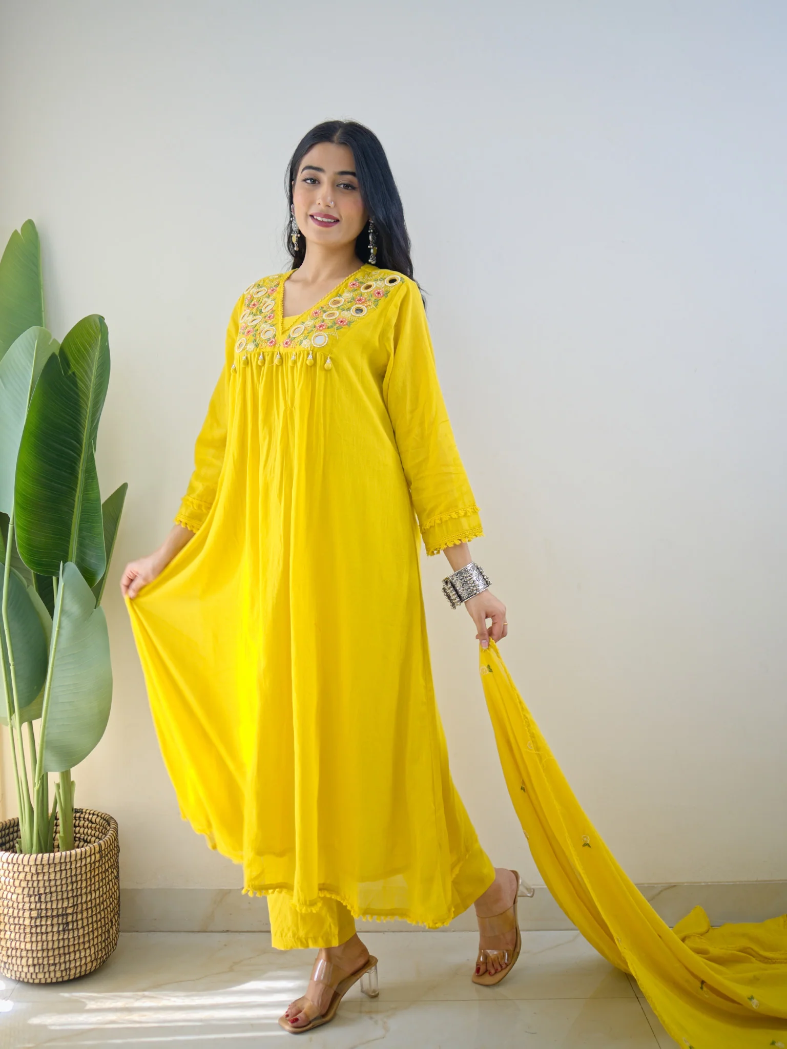 Samya Yellow MulCotton HandEmbroidered A-line Pant Set - Image 6