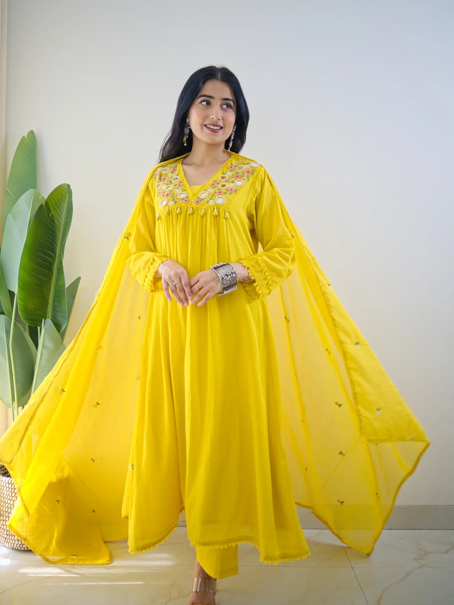 Samya Yellow MulCotton HandEmbroidered A-line Pant Set - Image 7