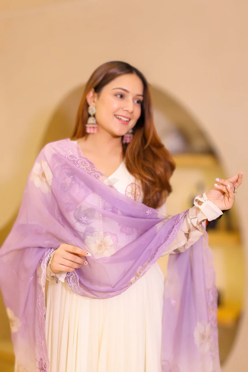Seher MidWhite Floral Chiffon Anarkali Set - Image 5