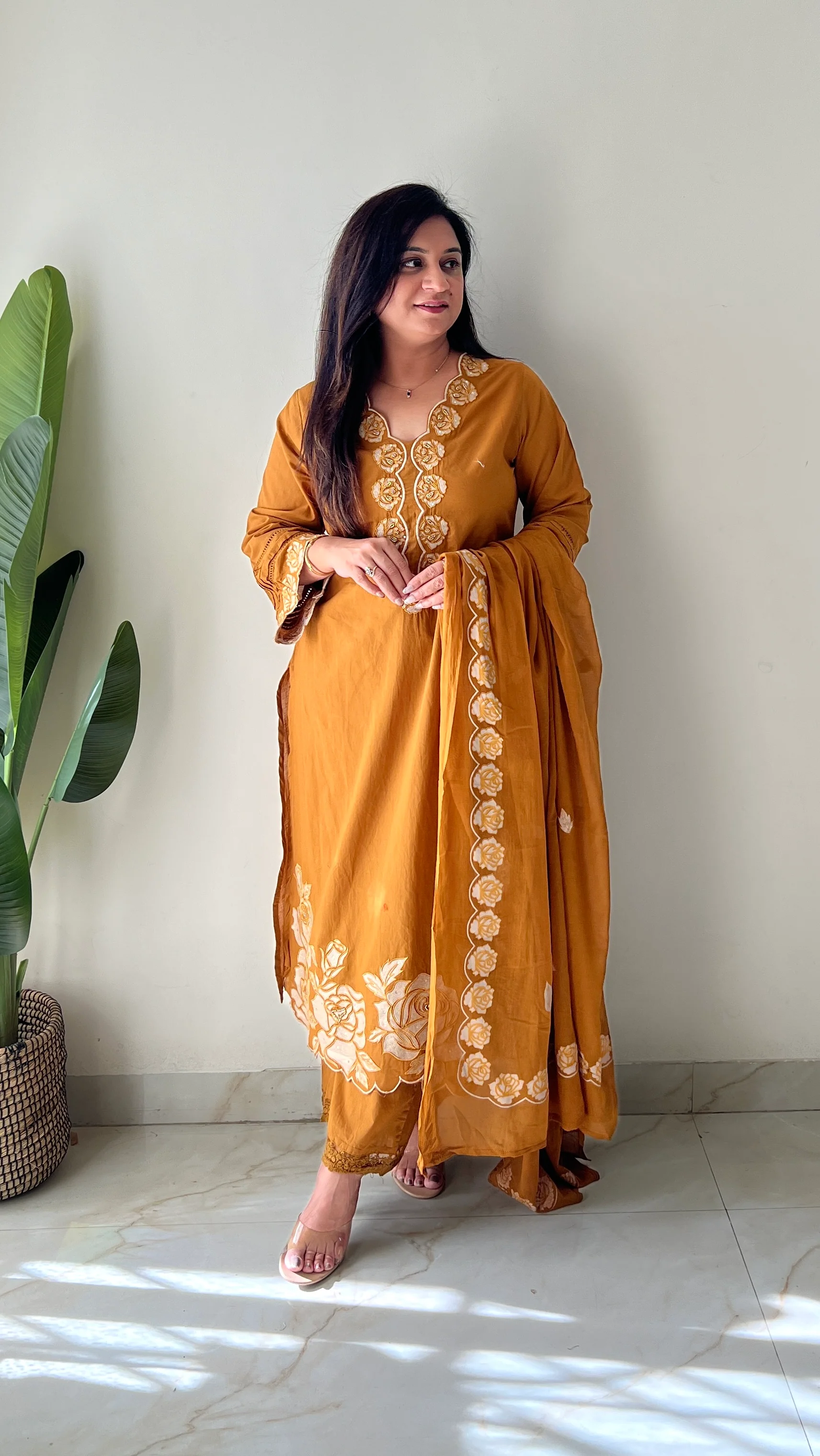 Sejal Mustard Cotton Cutwork Applique HandEmbroidered Pant set - Image 3