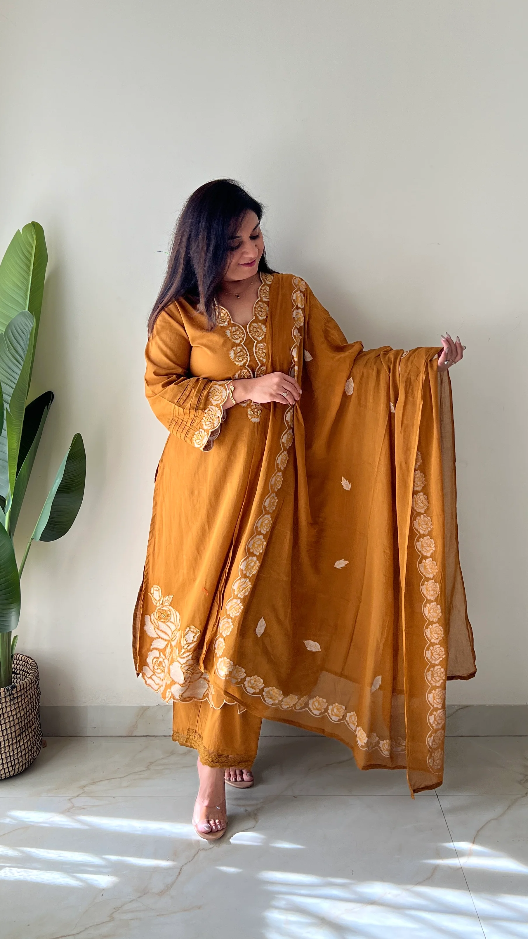 Sejal Mustard Cotton Cutwork Applique HandEmbroidered Pant set - Image 4