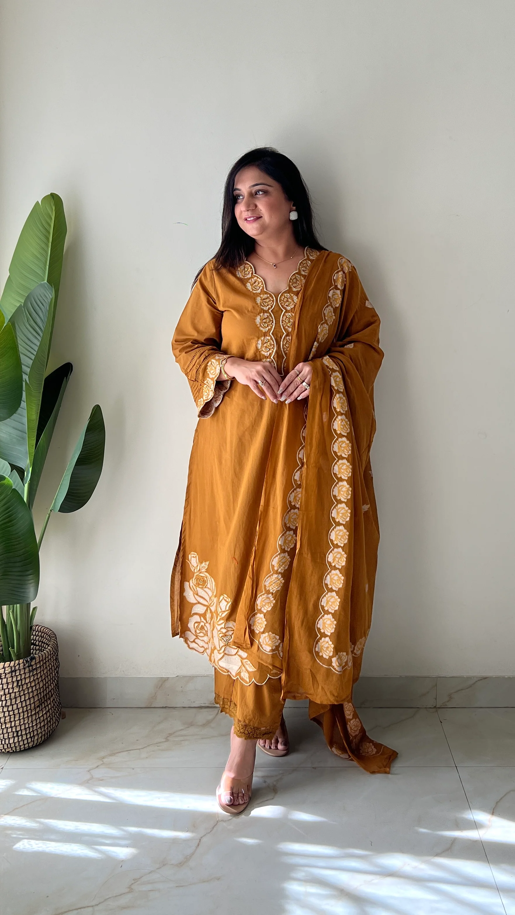 Sejal Mustard Cotton Cutwork Applique HandEmbroidered Pant set - Image 5