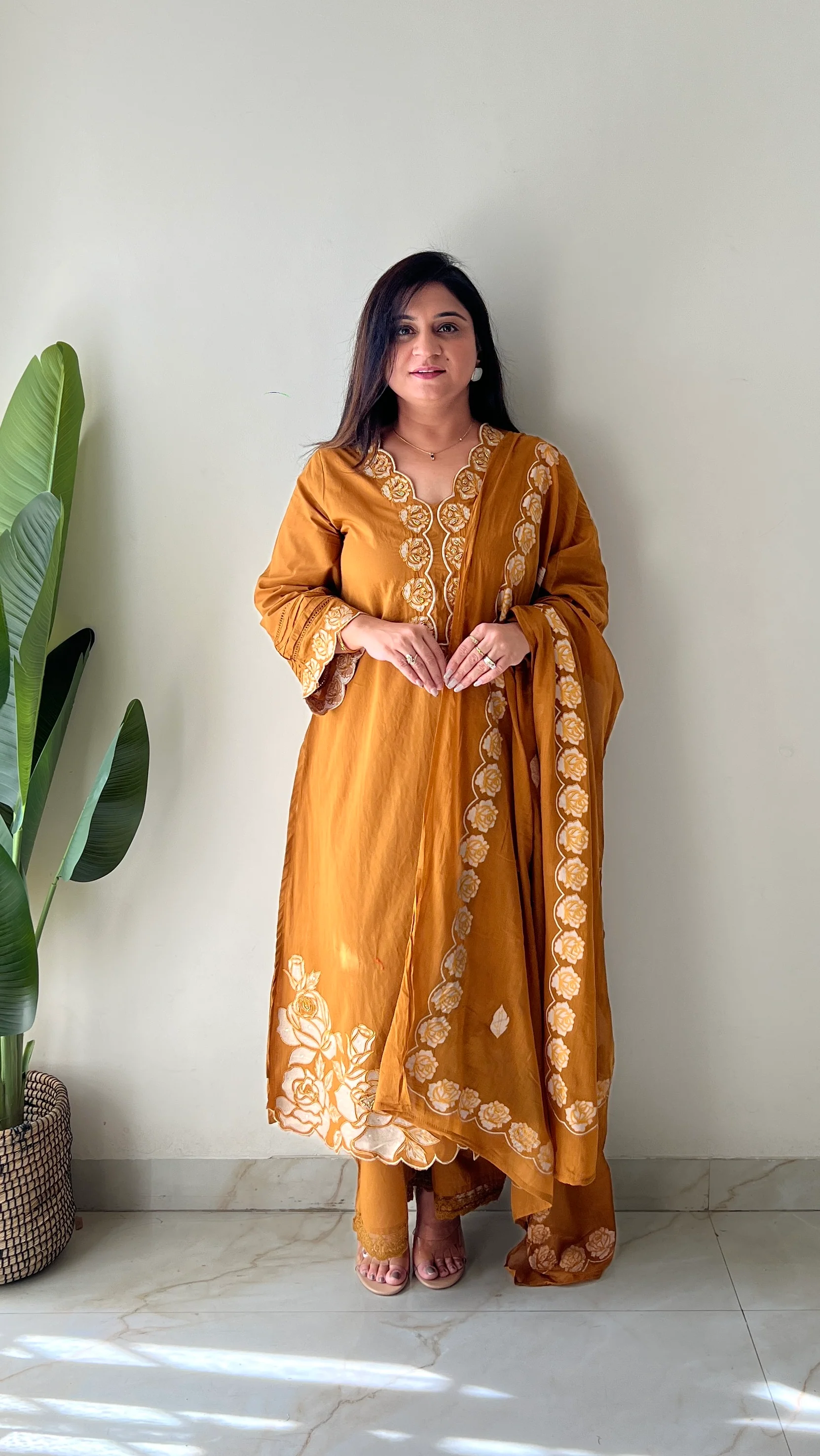 Sejal Mustard Cotton Cutwork Applique HandEmbroidered Pant set - Image 6