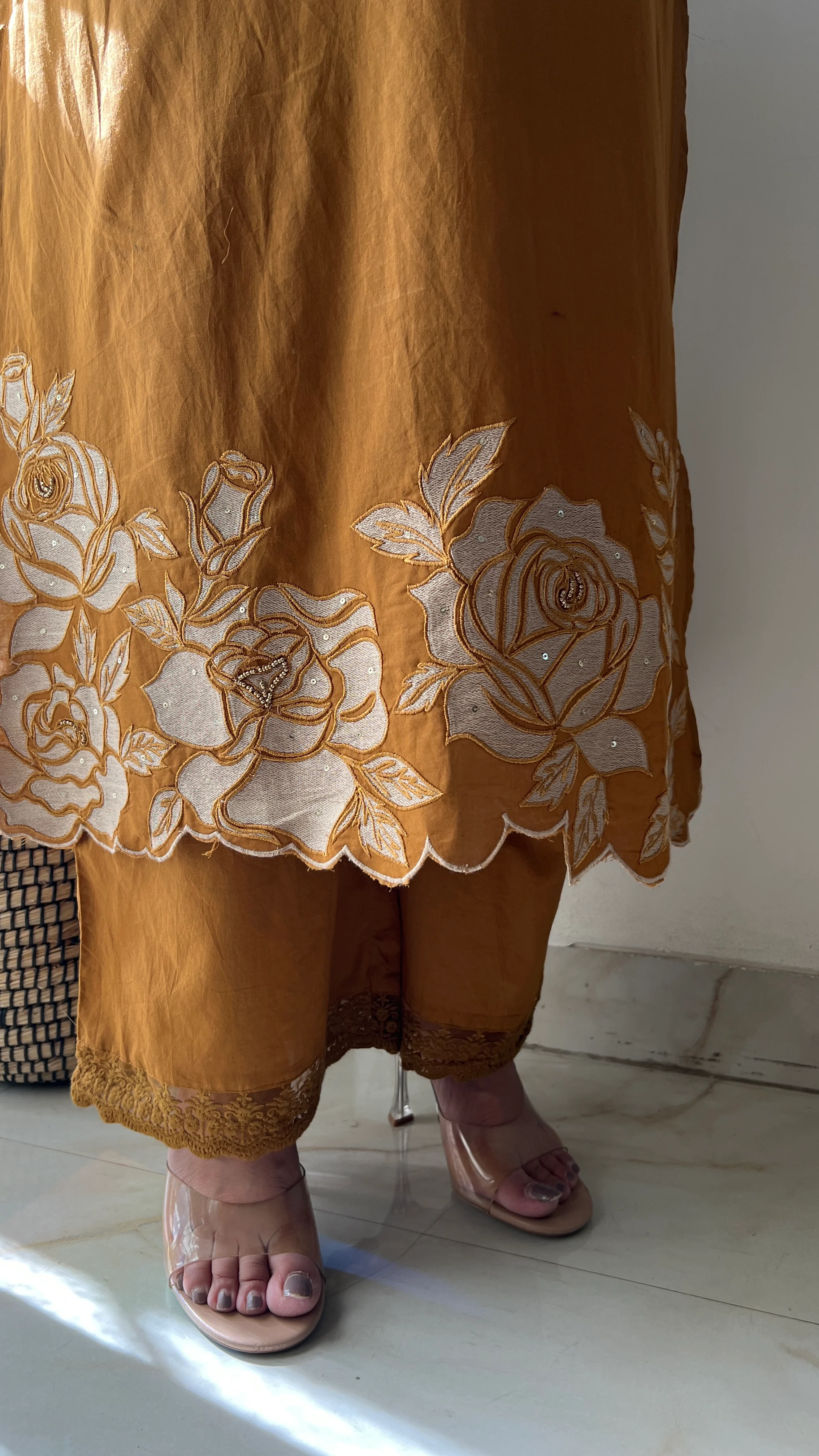 Sejal Mustard Cotton Cutwork Applique HandEmbroidered Pant set - Image 8