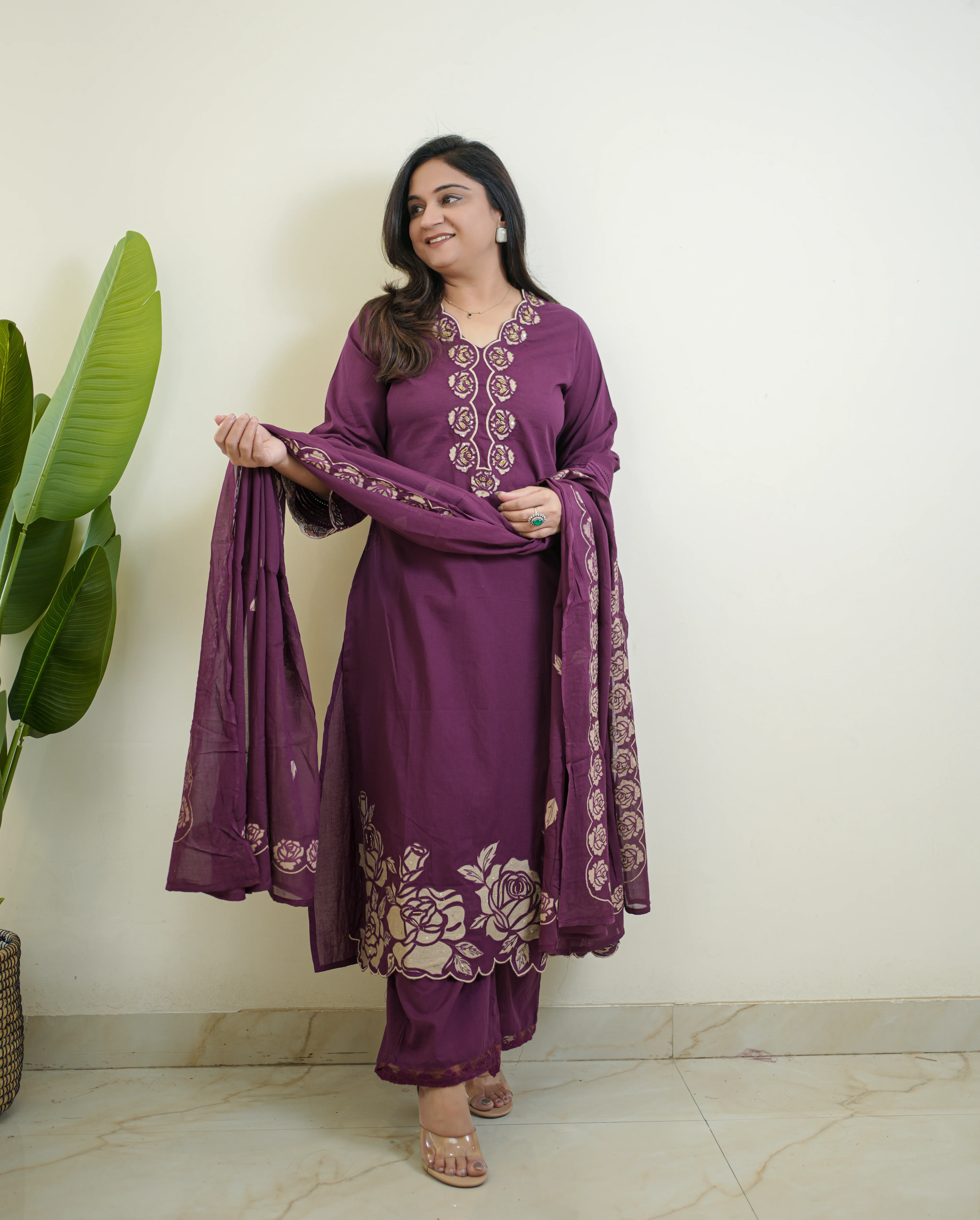 Sejal Purple Cotton Cutwork Applique HandEmbroidered Pant set - Image 3