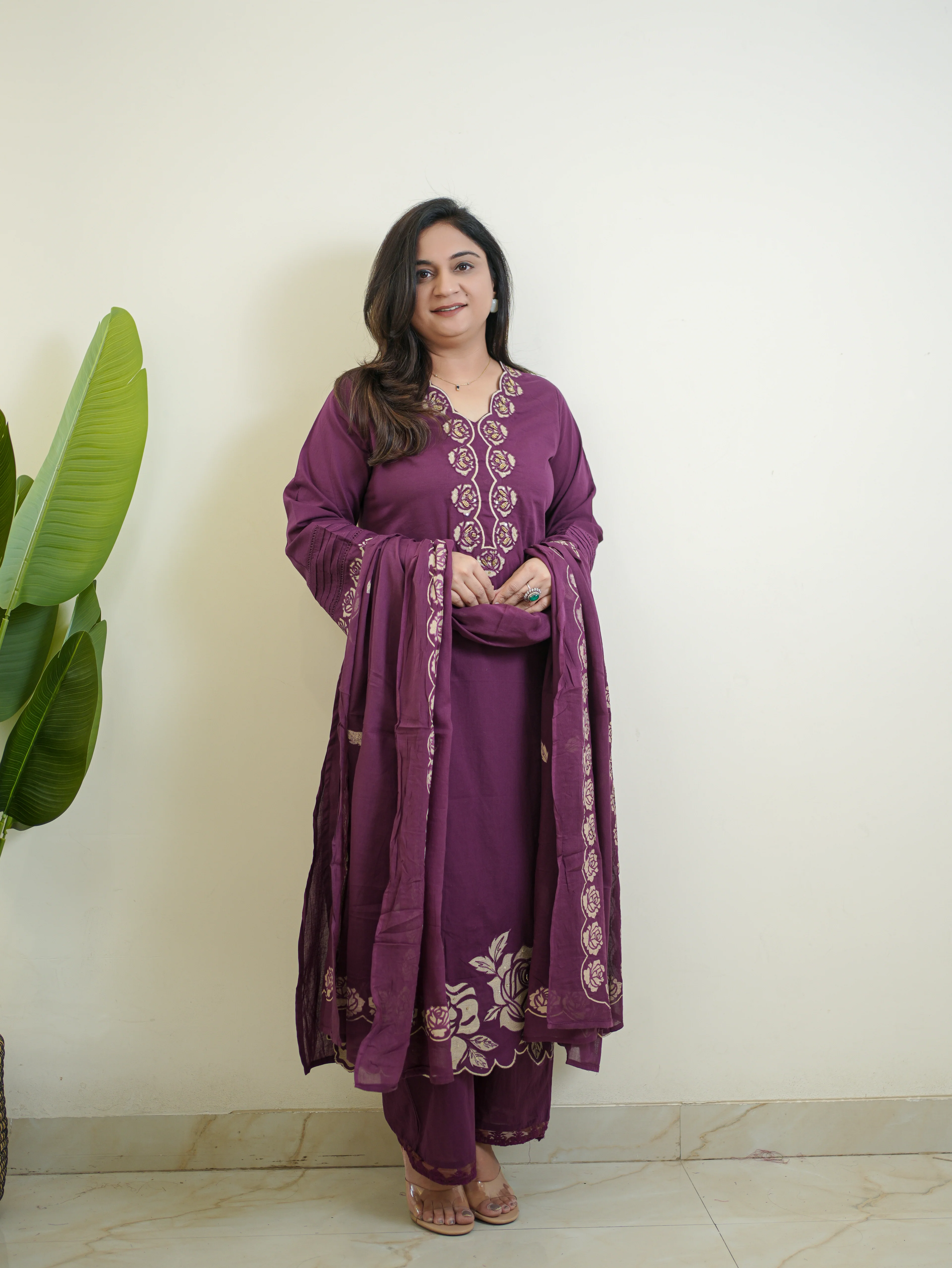 Sejal Purple Cotton Cutwork Applique HandEmbroidered Pant set - Image 4