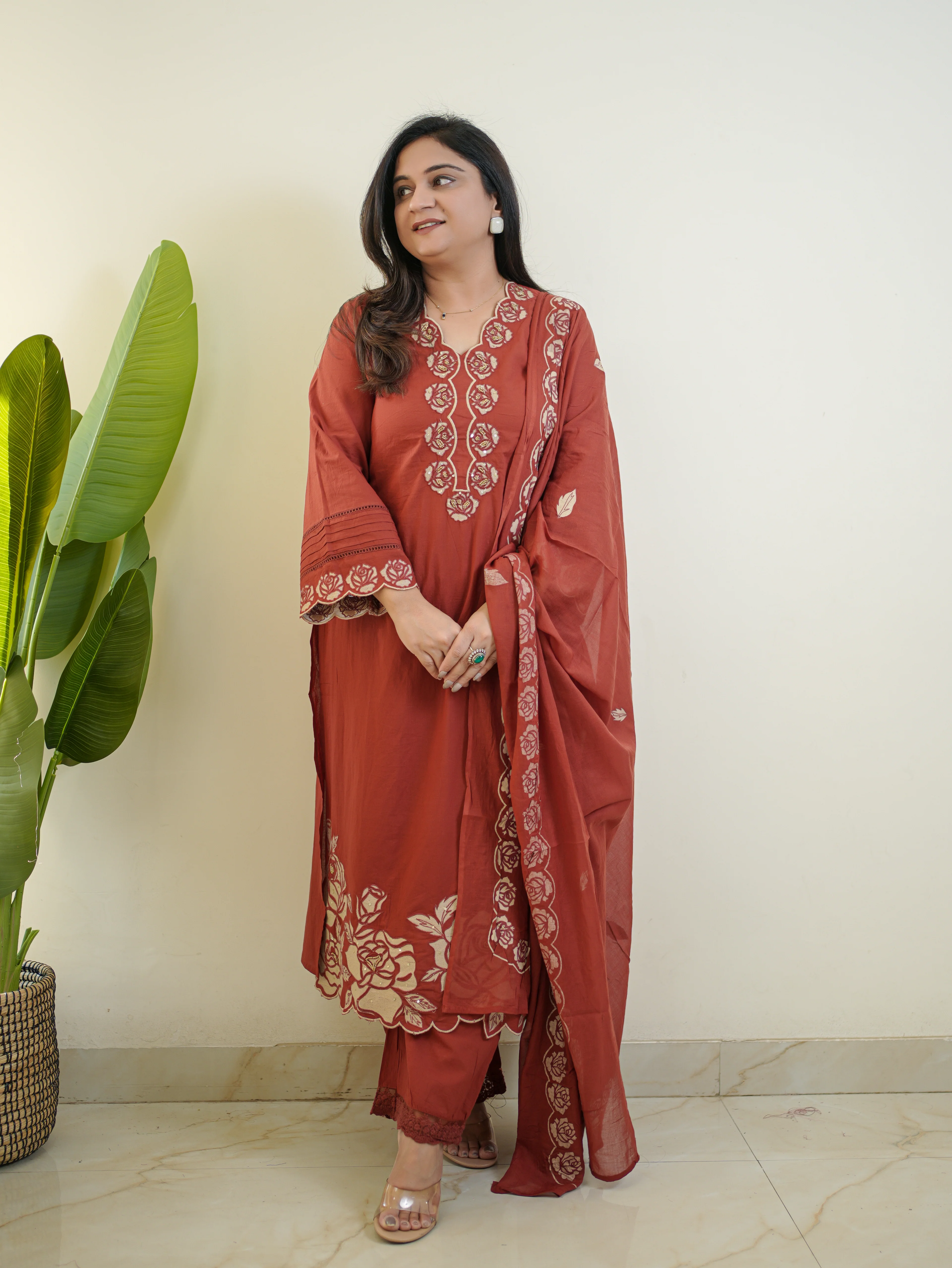 Sejal Rust Cotton Cutwork Applique HandEmbroidered Pant set - Image 4