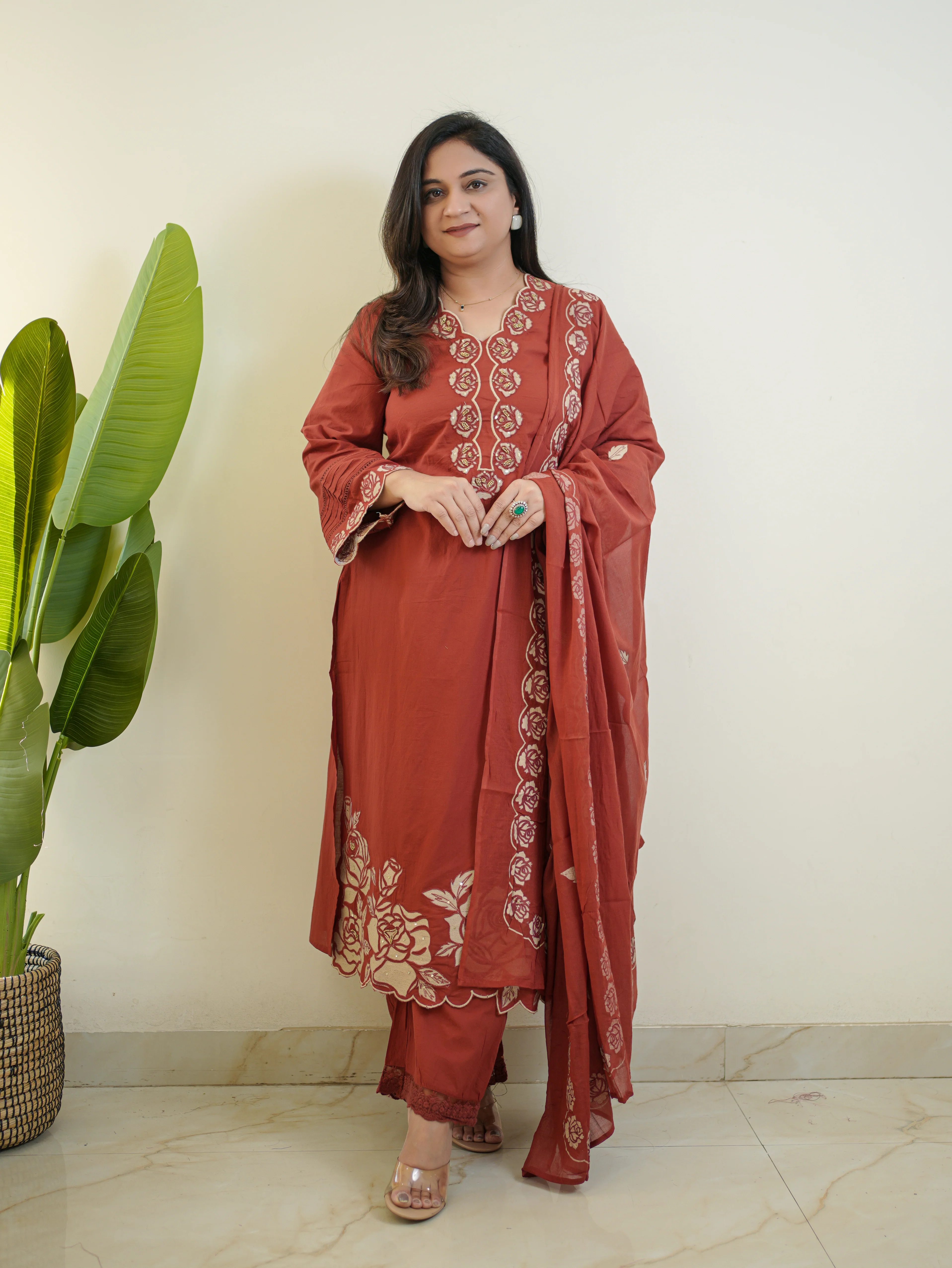 Sejal Rust Cotton Cutwork Applique HandEmbroidered Pant set - Image 5