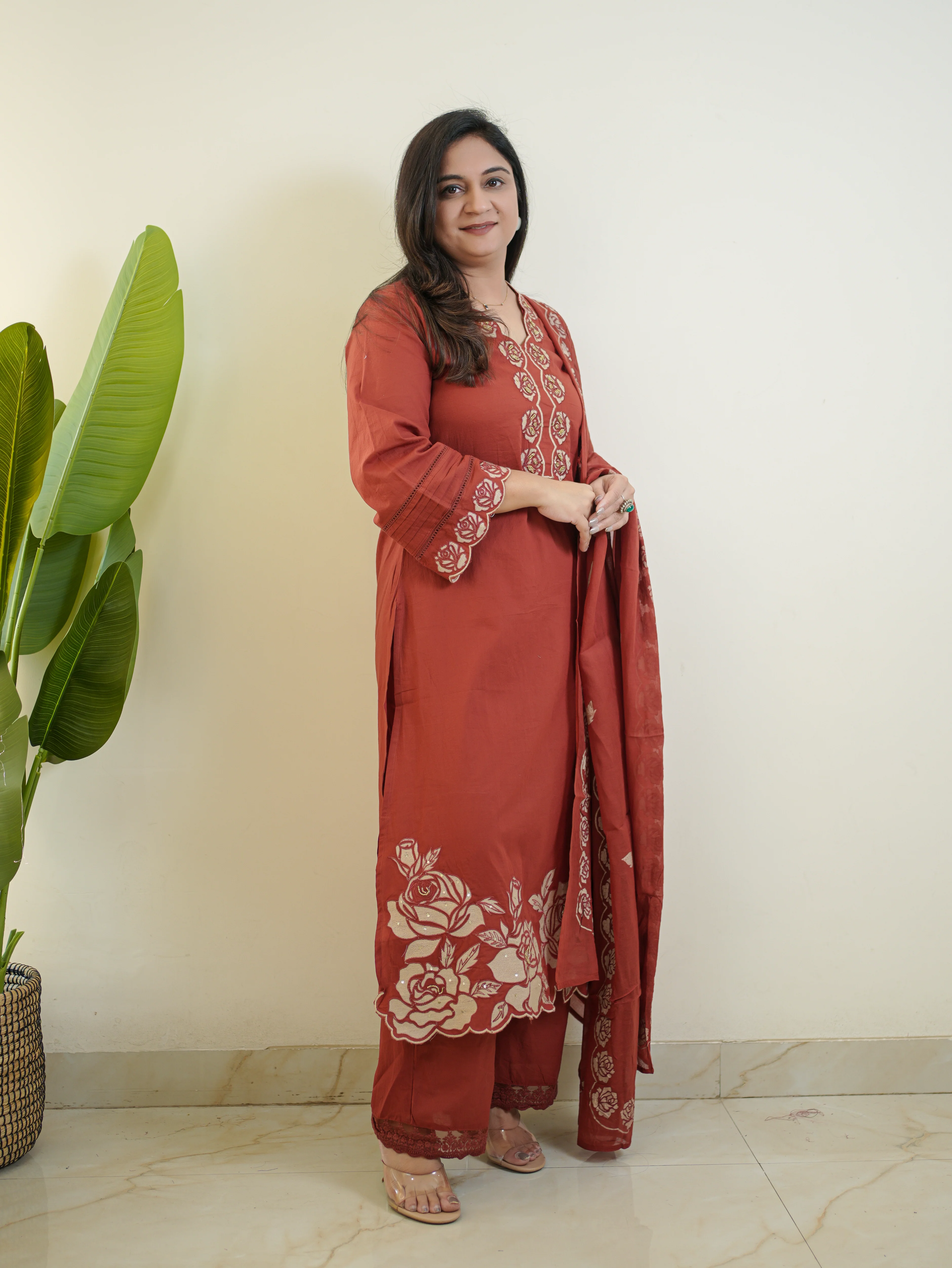 Sejal Rust Cotton Cutwork Applique HandEmbroidered Pant set - Image 6